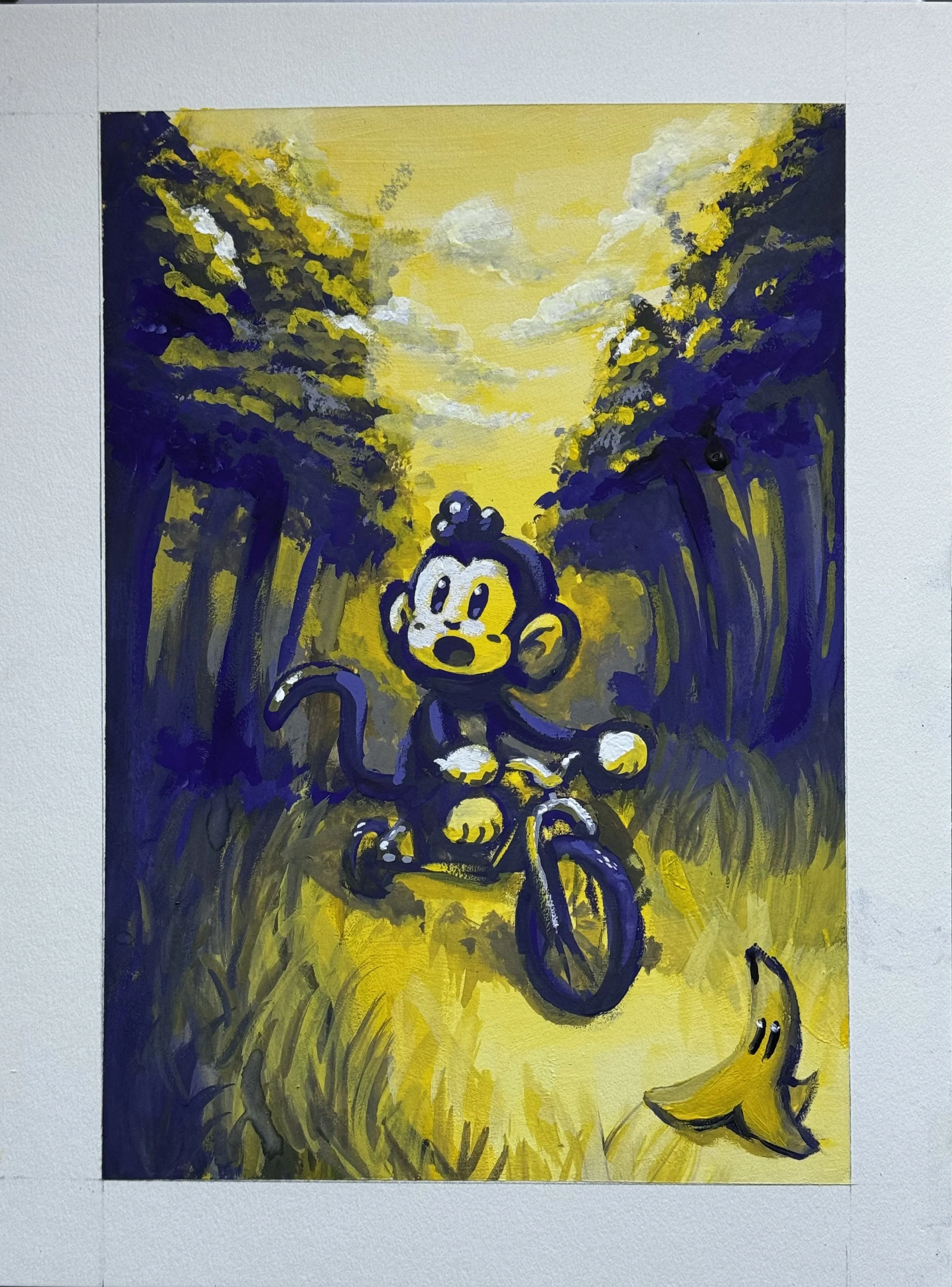 Purple Monkey Riding a Bike - Acrylic Gouache