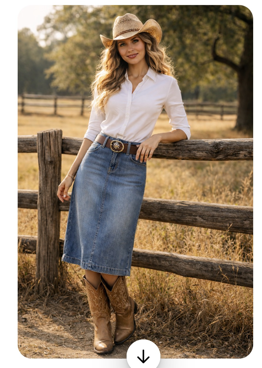 Image Only - We need about QTY: 12 sets of Denim Skirts of varying lengths and sizes, Cowboy Hats and Pairs of Cowboy Boots in varying sizes and colors. We could also use a few pairs of Cowboy Chaps if you have them. They could be donated or loaned f