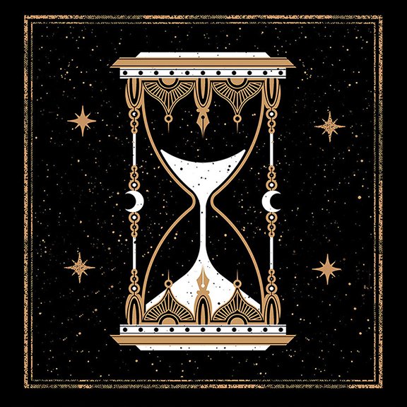 Decorative illustration of an hourglass with a celestial theme, featuring moons, stars, and intricate patterns in gold and white on a black background.