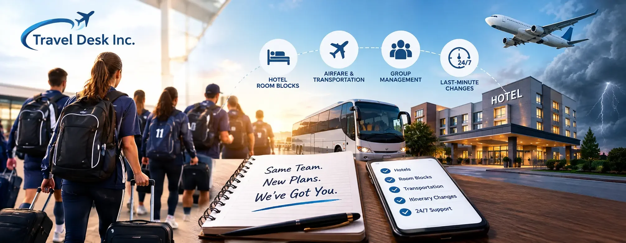 How Does Travel Desk Inc. Handle Group Travel When Plans Change Overnight?