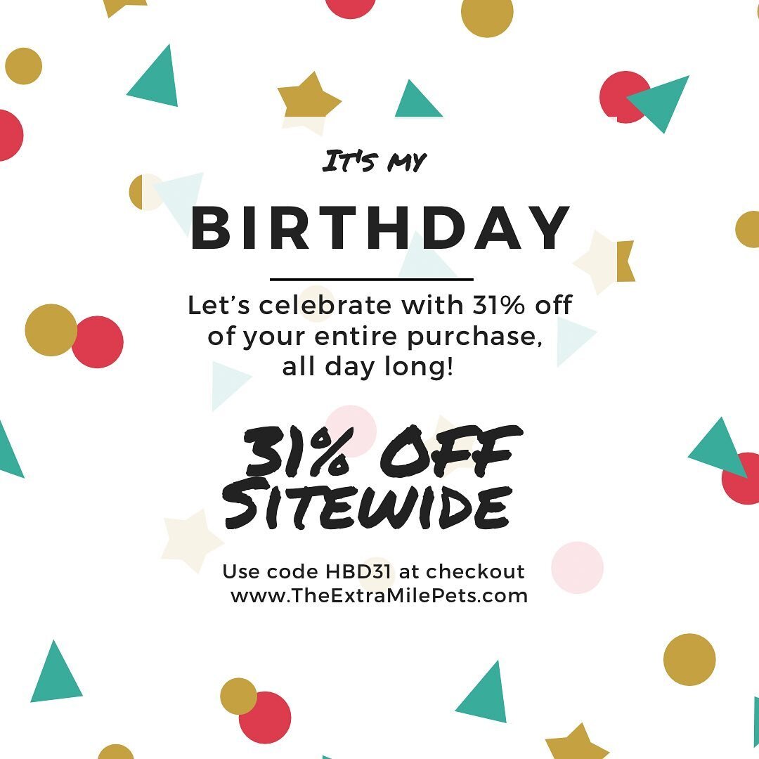 It&rsquo;s my birthday! 🎉

To celebrate, enjoy 31% off of your total purchase! Sale ends at midnight EST. 🎉

Use discount code HBD31 at checkout! 🎉

#letscelebrate #happybirthday #entrepreneur #womeninbusiness #smallbusiness #dogbandana #catbandan
