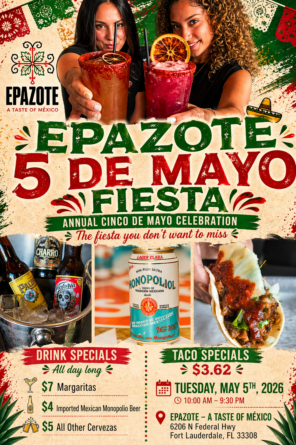 Cinco de Mayo: $7 Margaritas, $4 beers and $3 Tacos… All-Day Fiesta Vibes 🇲🇽