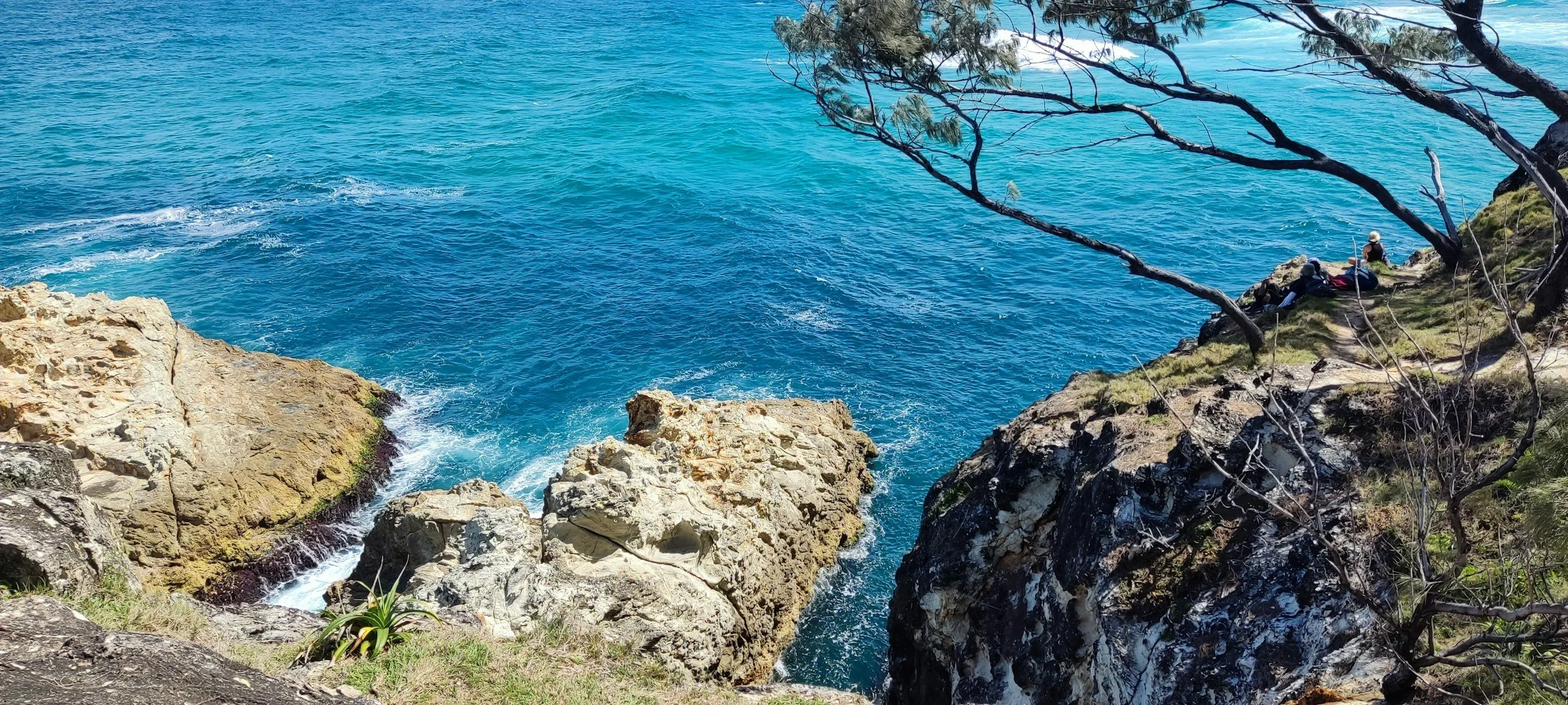 Looking down over cliff to blue waters below Aussie landscape
