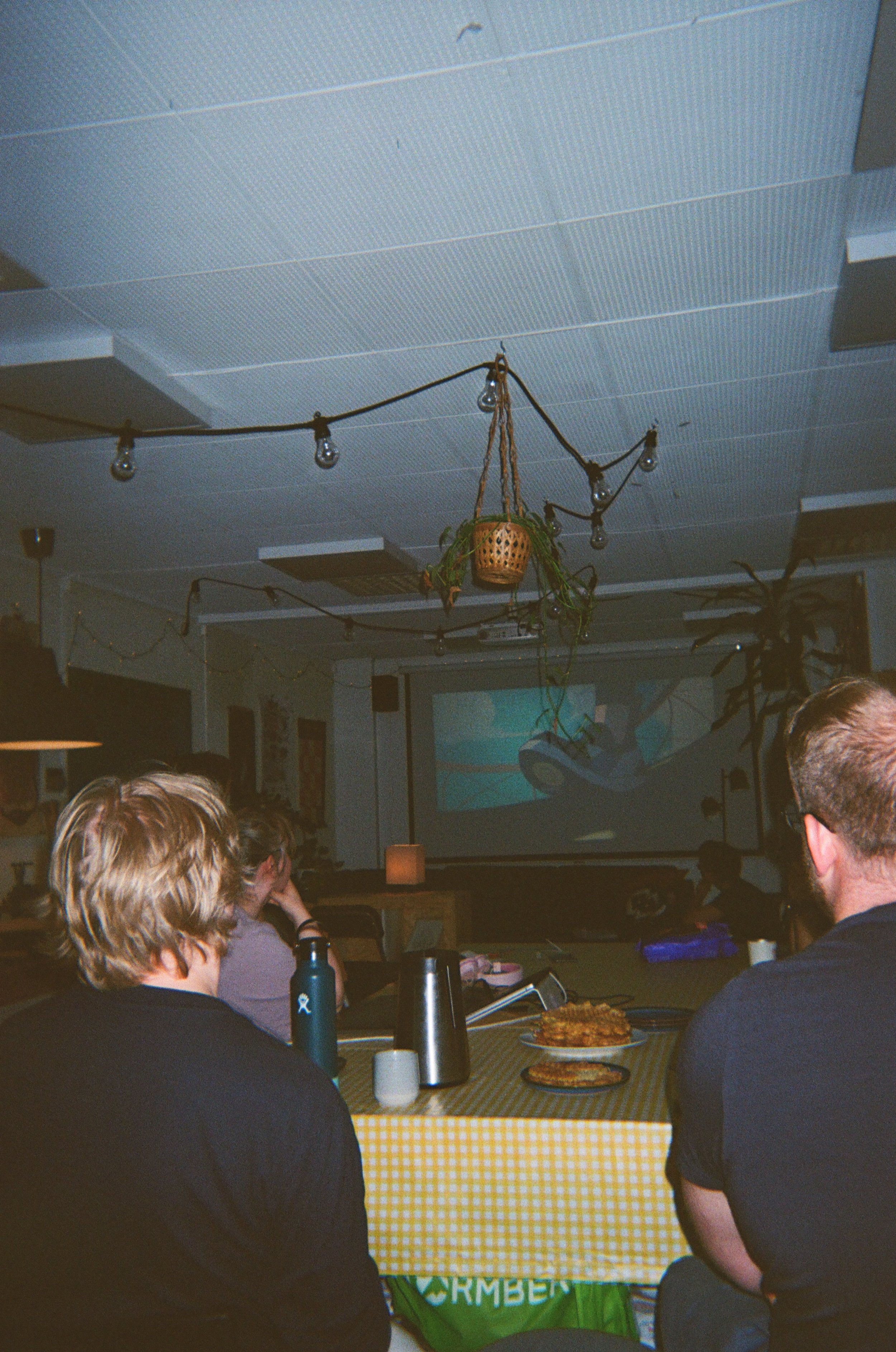 Ser en gruppe mennesker som ser på en film eller presentasjon i en lavt belyst rom med dekorasjoner og utsmykninger på veggene. Over bordet henger det en plante i en kurv.