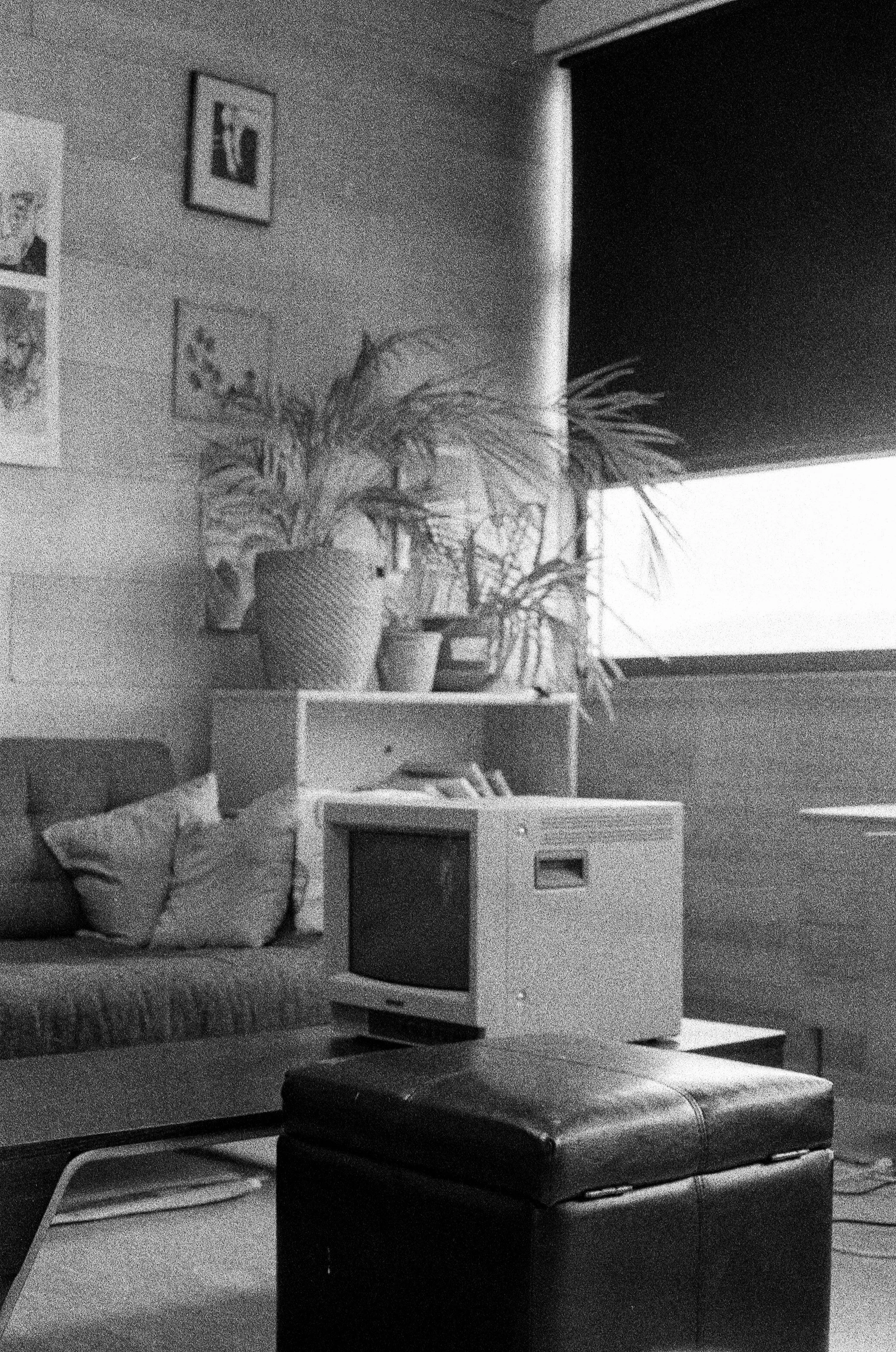 Et koselig rom med sofa, puter, et lite bord, en gammel TV, og en hylle med blomsterpotter og bilder. Det er delvis mørkt på grunn av en rullegardin.