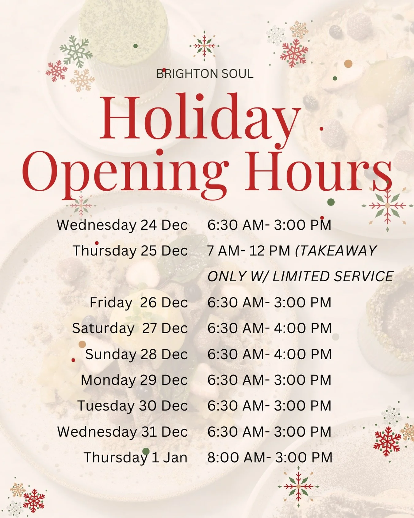 Celebrate the festive season with us 🎁✨ 

Check our holiday operating hours and don&rsquo;t forget to book your table through the link in our bio.

#holidayoperatinghours #openonchristmas #cafeopenonchristmas #openthisholiday #cafeinbrighton #explor