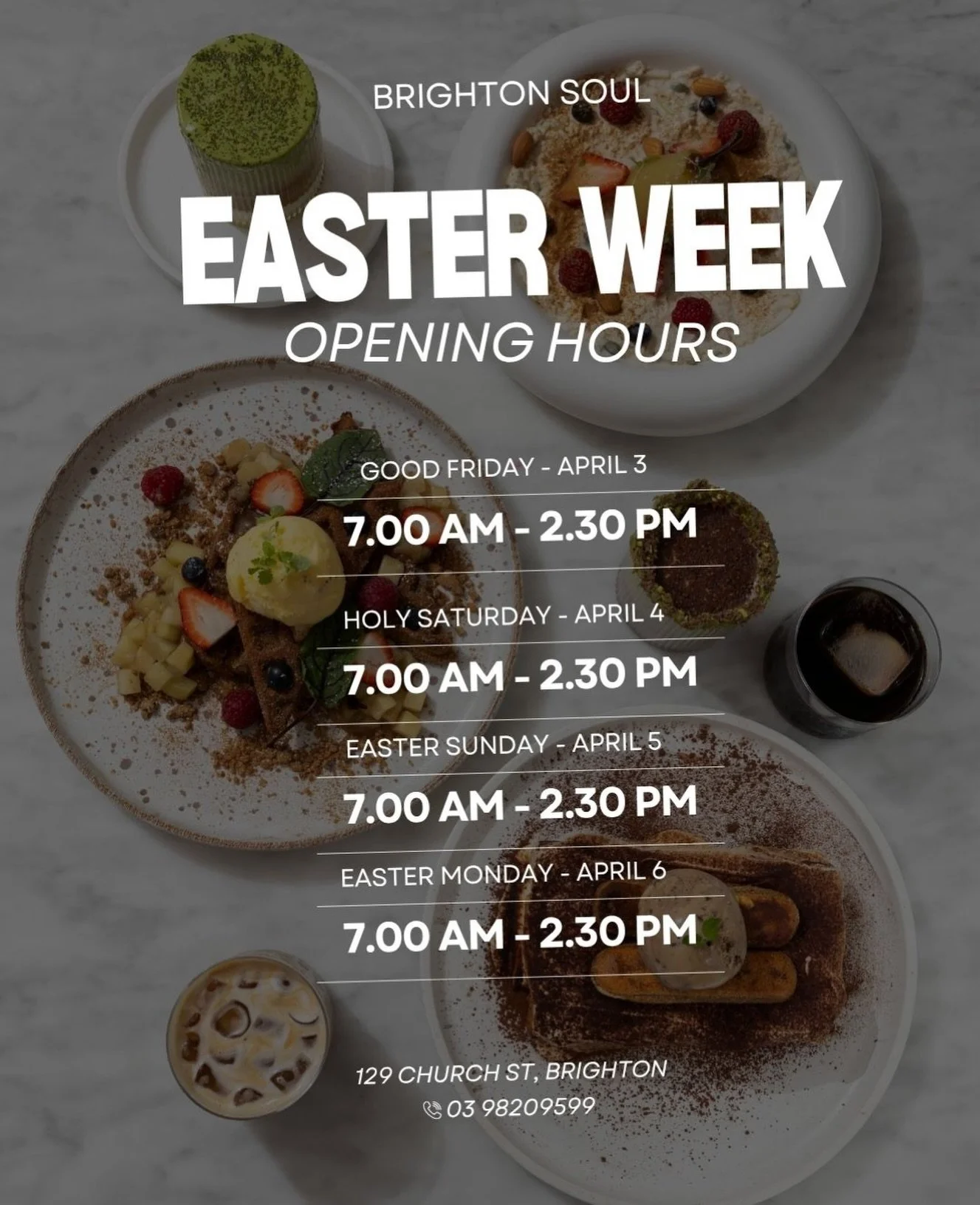 Celebrate Easter with us at Brighton Soul 🐣

We&rsquo;re serving all your brunch favourites right through the long weekend.

Open 7:00 AM&ndash;2:30PM (kitchen closes at 2PM).

Good food, great coffee, and even better vibes. See you there! ☕️