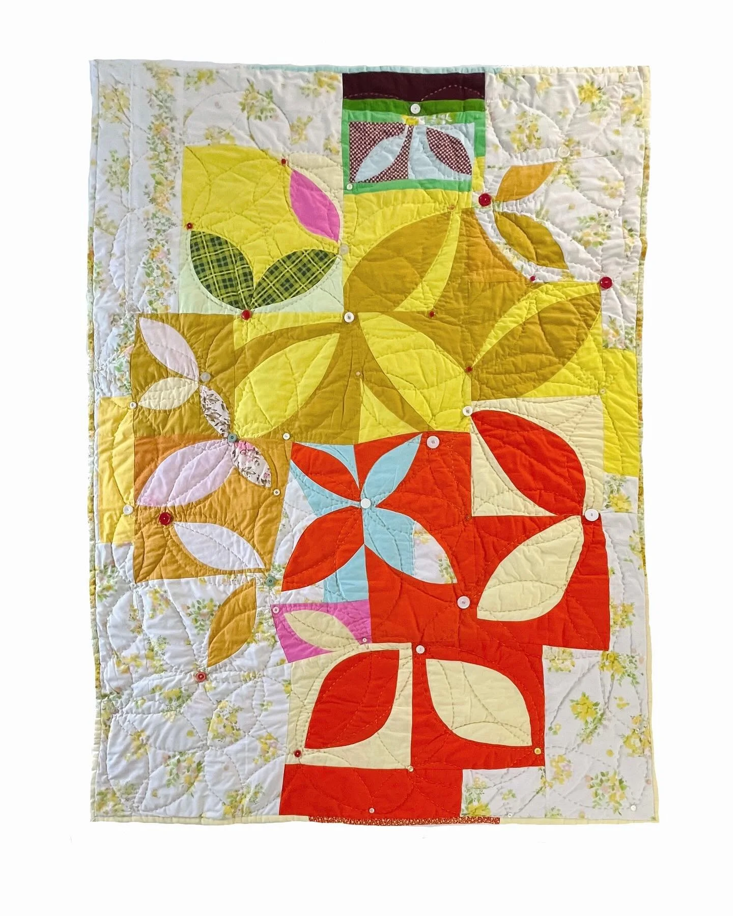 &ldquo;Joy Has No Plan&rdquo;, 52 x 70 in, made with stash scraps and thrifted materials, wool batting, buttons, hand quilted with sashiko thread. This Orange Peel variation came together effortlessly during a happy time in my life, from ALL the demo