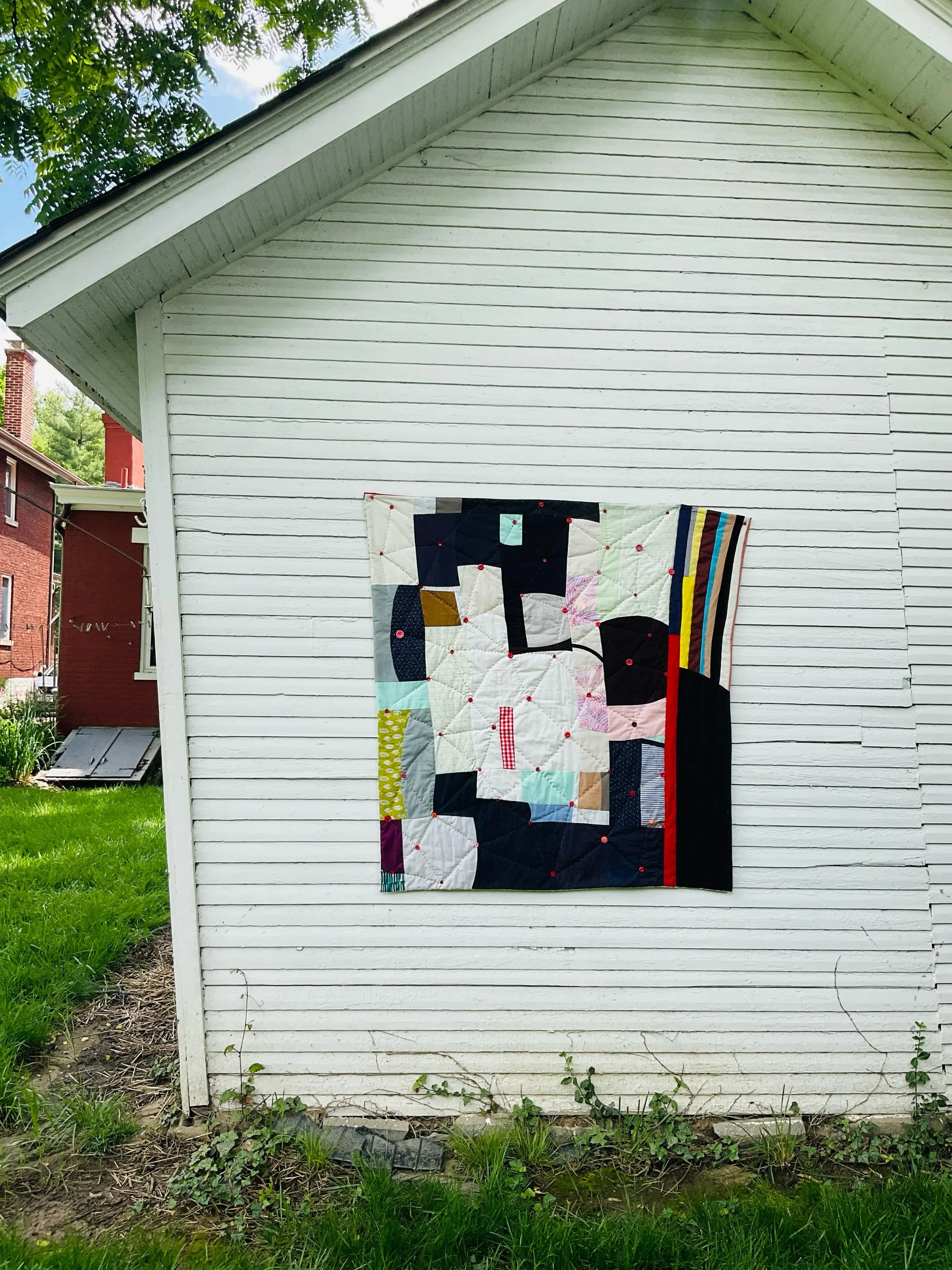 Rainbow End, 50 x 53 inches, 2020-2026 cotton, wool, buttons, thread, hand stitched quilt. 

Another in a series of small Constellation Quilts, that symbolically explore and reveal imaginary spaces of the inner universe. 

Many like this one are made