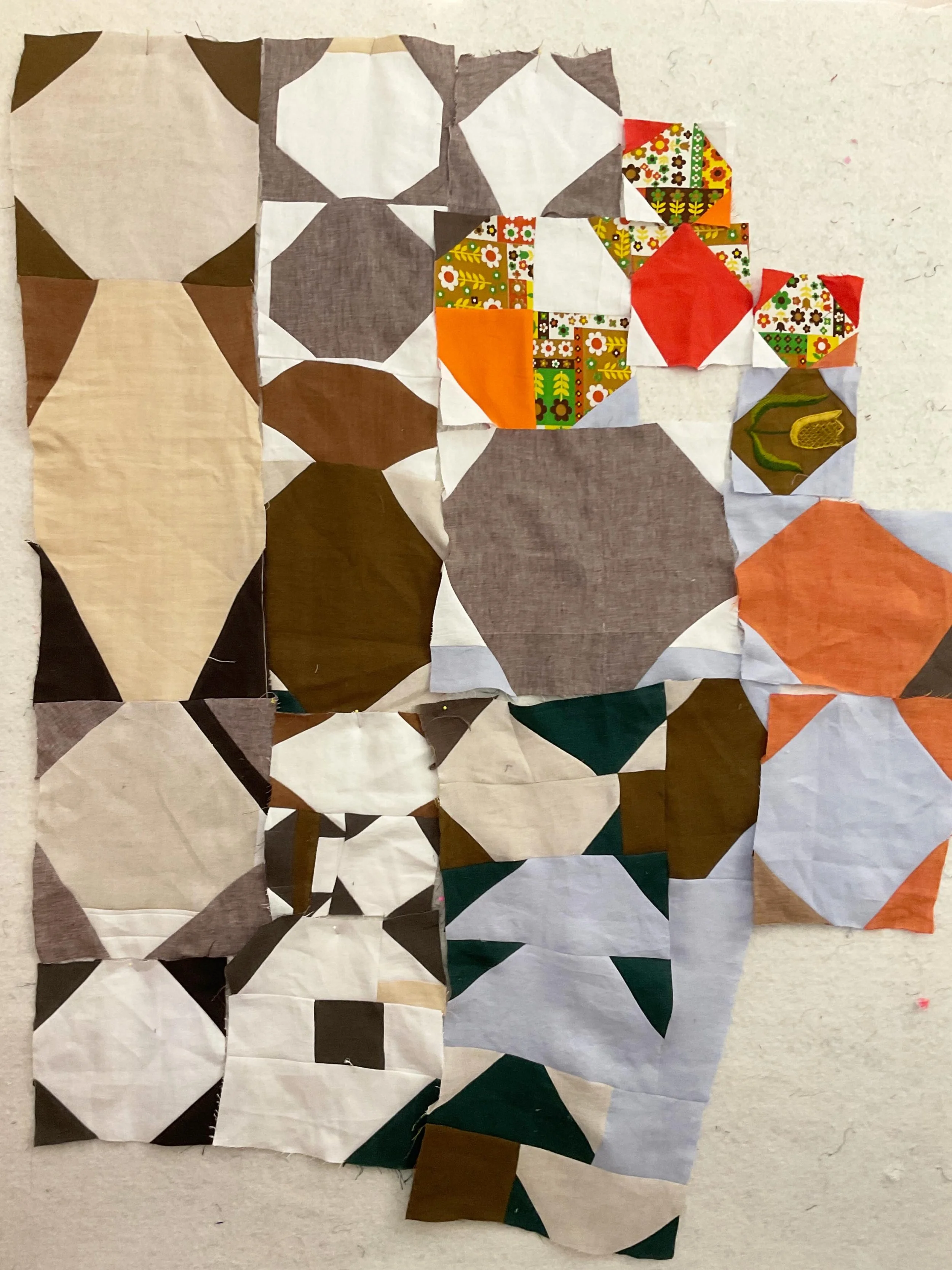 Still goofing around with my mostly linen snowball quilt. It seems impossible not to like whatever shows up. We had a fun time today using random prompts to direct our pattern pivots or deviations from the fixed rendition of a classic block.  I even 