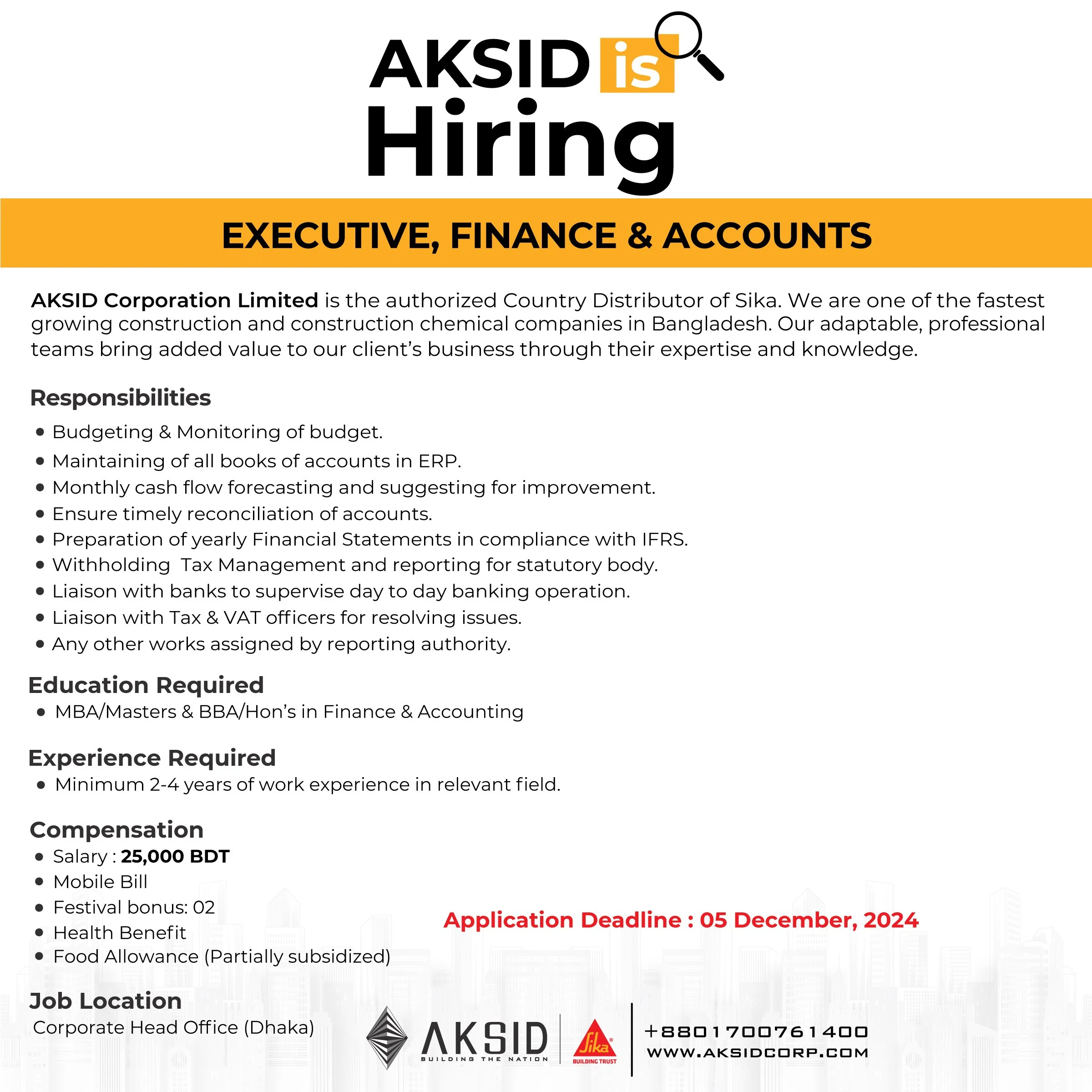 A job recruitment poster for AKSID Corporation Limited, announcing a hiring position for Executive, Finance, and Accounts in Dhaka, Bangladesh, with details about responsibilities, qualifications, compensation, and application deadline.