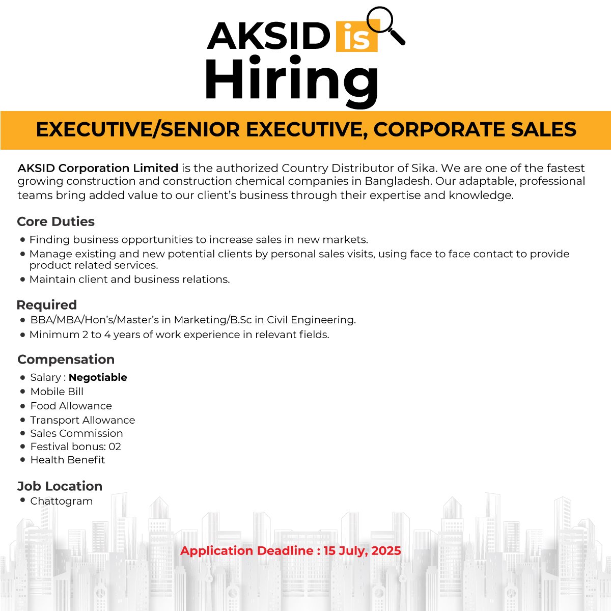 Job advertisement for AKSID Corporation Limited seeking a senior executive in sales. Contains company description, duties, requirements, compensation details, job location, and application deadline of July 15, 2025.