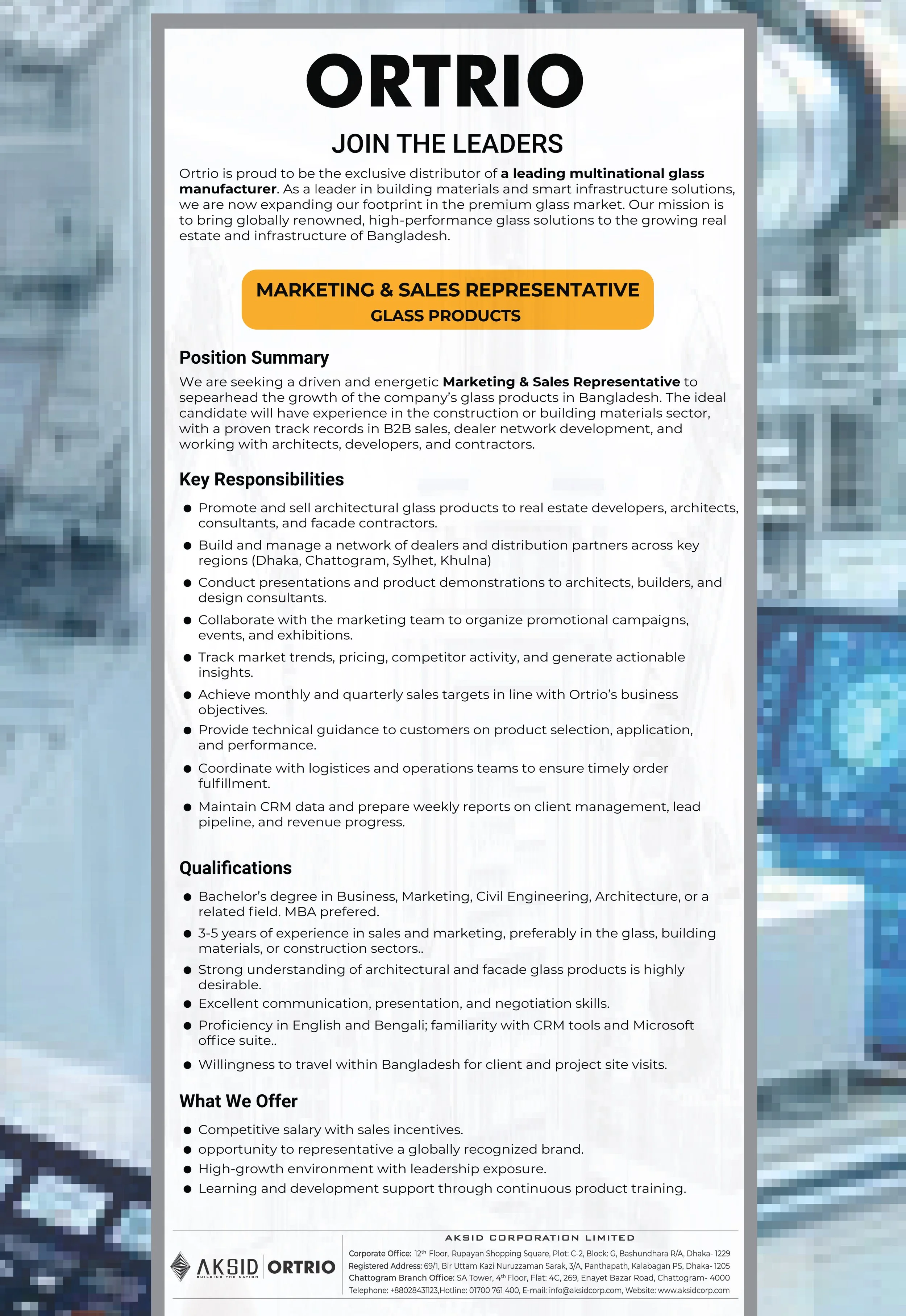 Job advertisement poster from ORTRIO for a Marketing & Sales Representative position, featuring company description and qualification details.