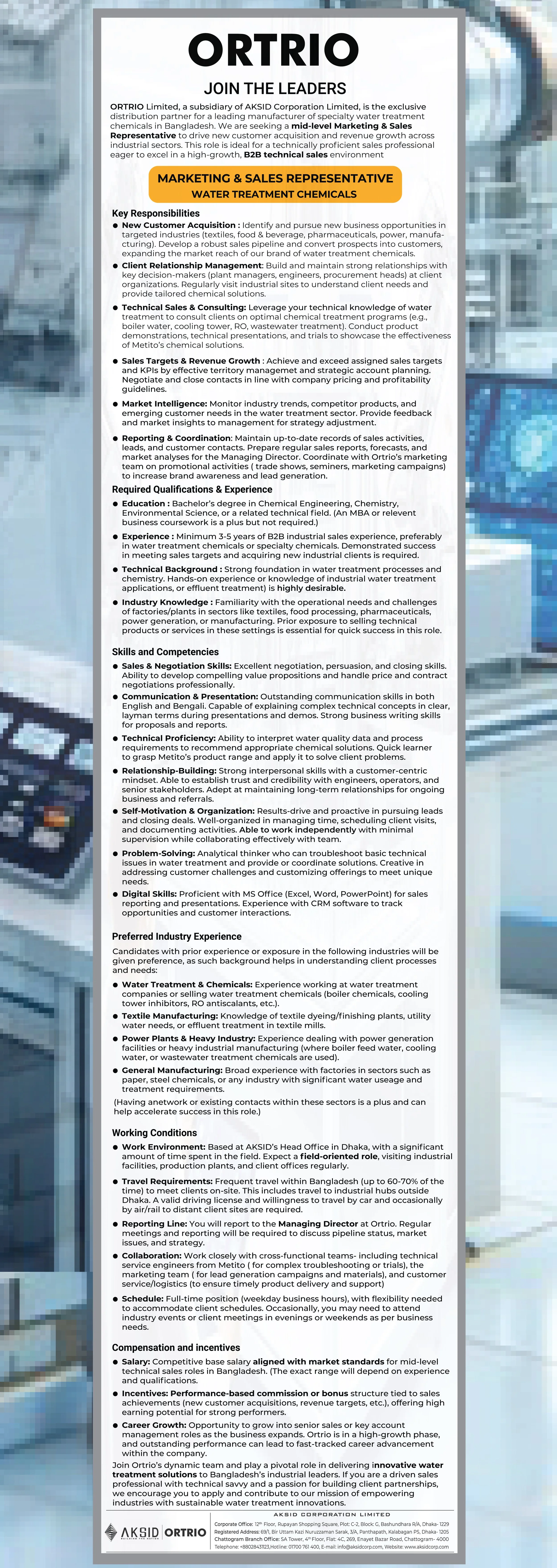 Job advertisement for Ortio, a water treatment chemicals company, outlining responsibilities, qualifications, experience, skills, industry experience, working conditions, and incentives for sales and technical roles, with company contact information at the bottom.