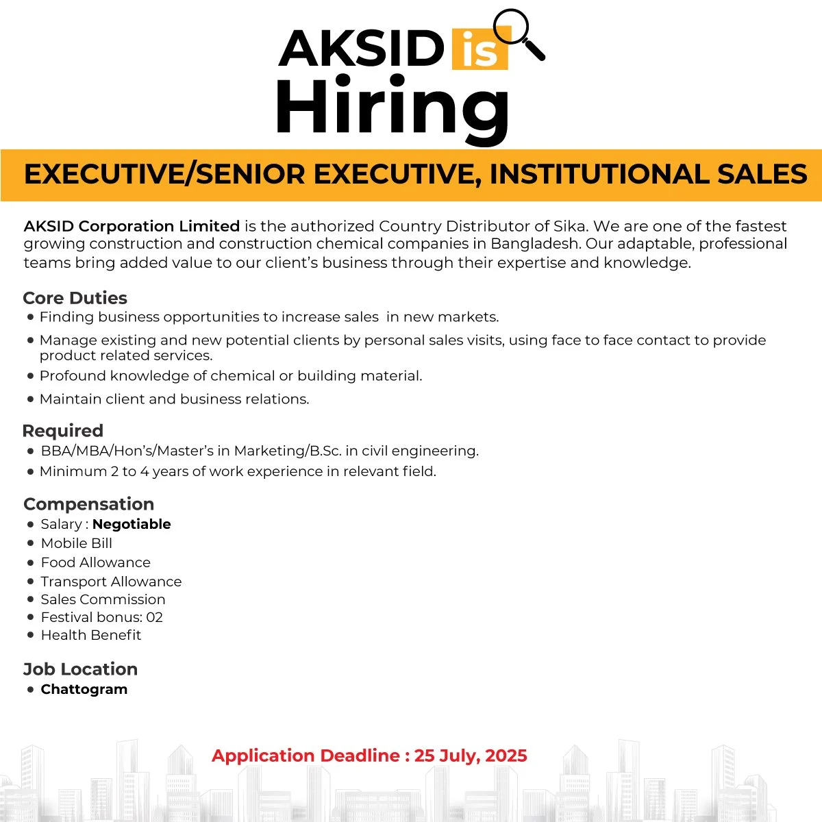Job advertisement for Aksid Corporation Limited seeking a senior sales executive with details about responsibilities, requirements, compensation, and application deadline.