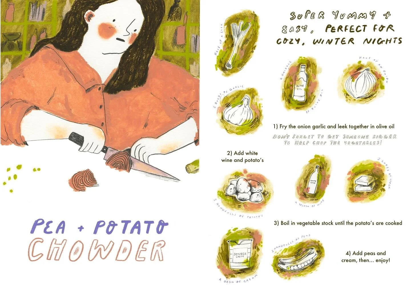 Anyone for a warm soup recipe?? 🫛🧅Cook along for kids and their grown ups coming to a kitchen near you 😂

@luddingtoncreative 
#recipecard #foodillustrations #kidscooking #nonfictionbooks  #luddingtoncreative #luddingtoncrew #kidlit #kidlitillustr