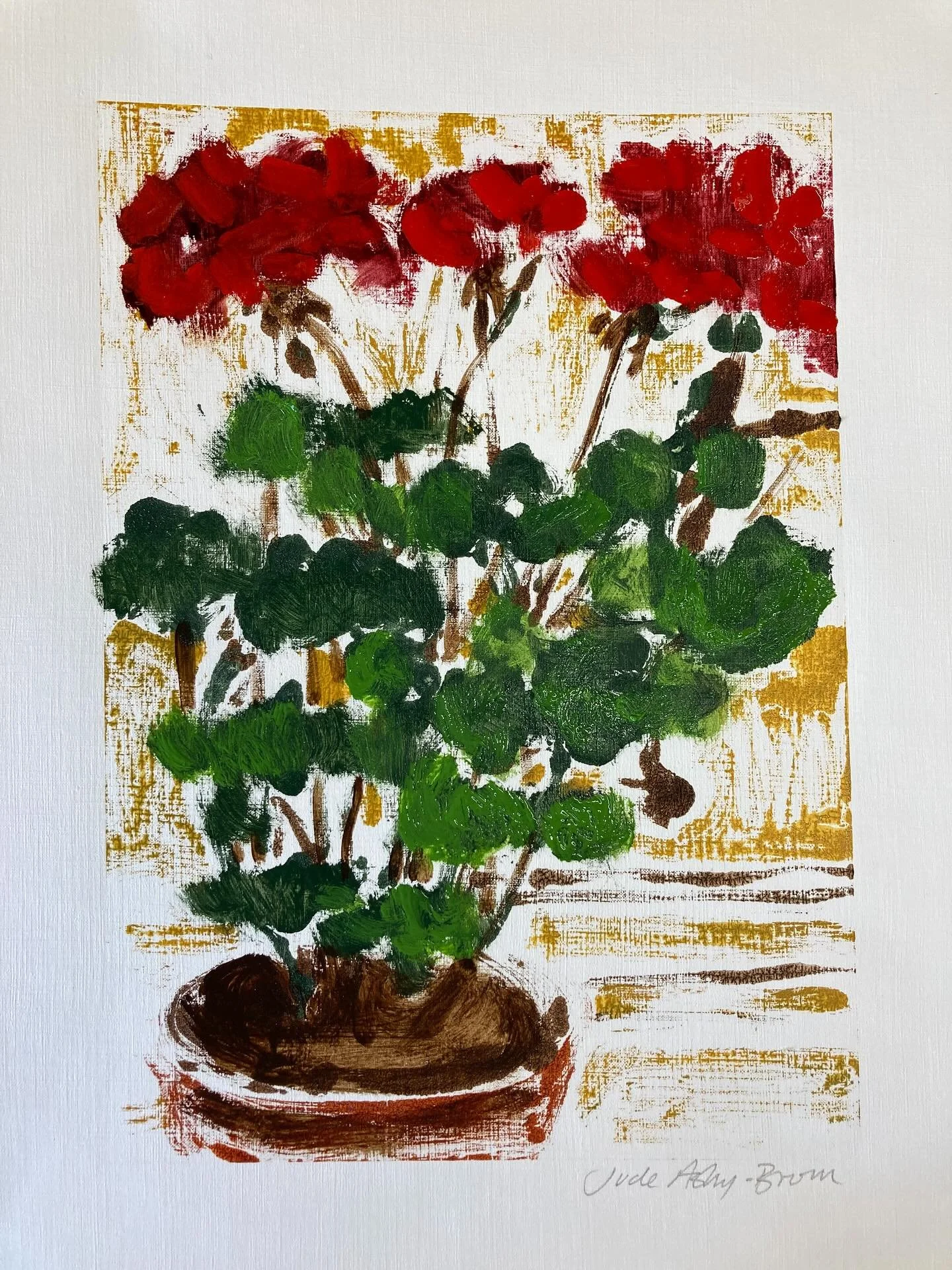 I will have a selection of works on paper @benendenartfair 3-5th October.
These red geraniums are hand finished oil mono-prints. 
#judeaskeybrown