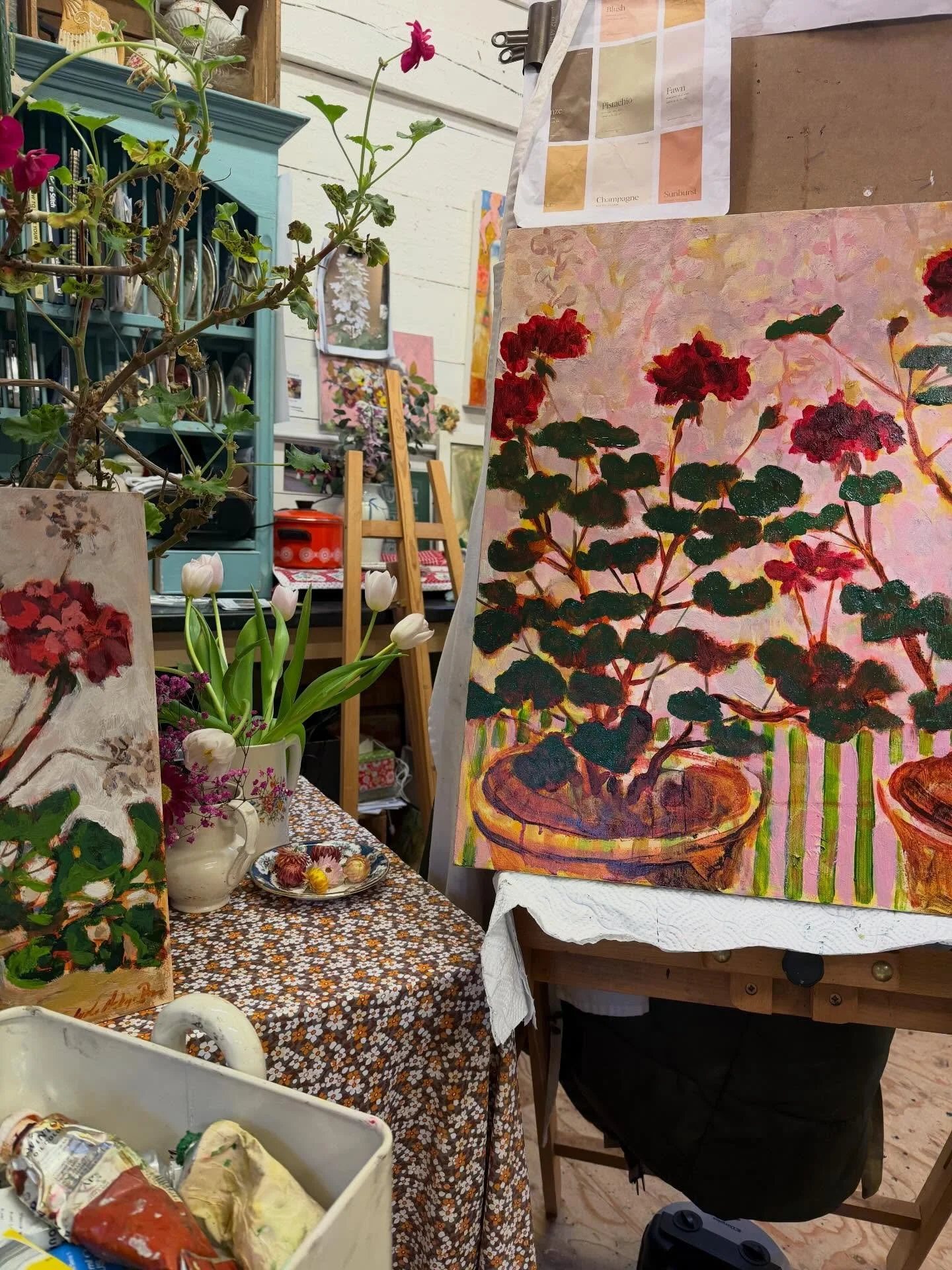 In my Godinton studio painting geraniums which are now in for the winter. In between I&rsquo;m trying to tidy up ready for my open studio this weekend. I have lots of paintings and studies which are not on my website available and mince pies&hellip; 