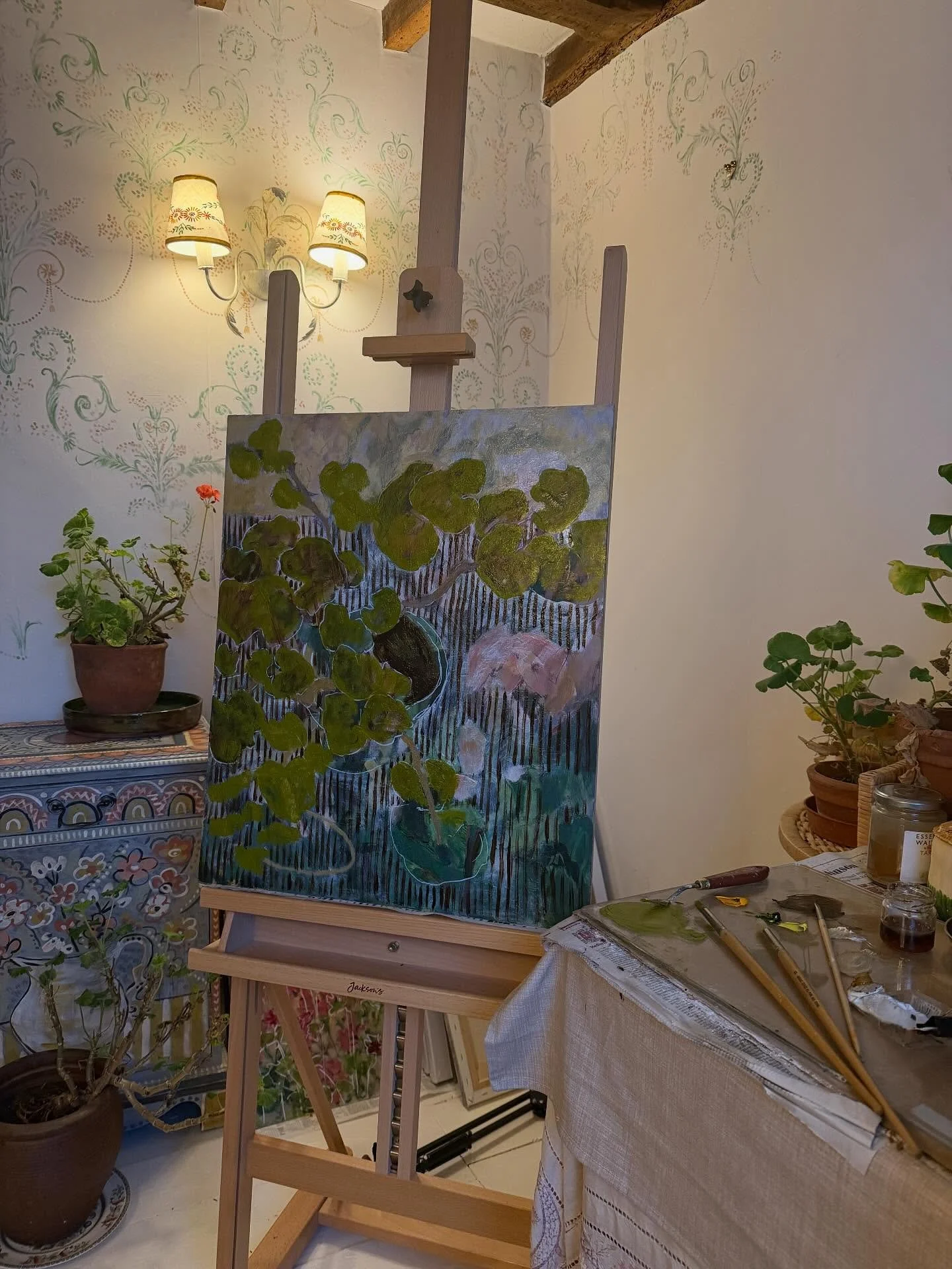 I have had a busy few weeks exhibiting and teaching which has been brilliant but exhausting. Back in the studio at home today reworking a painting which had been abandoned as I couldn&rsquo;t get the composition and colour palette to work. Hoping to 