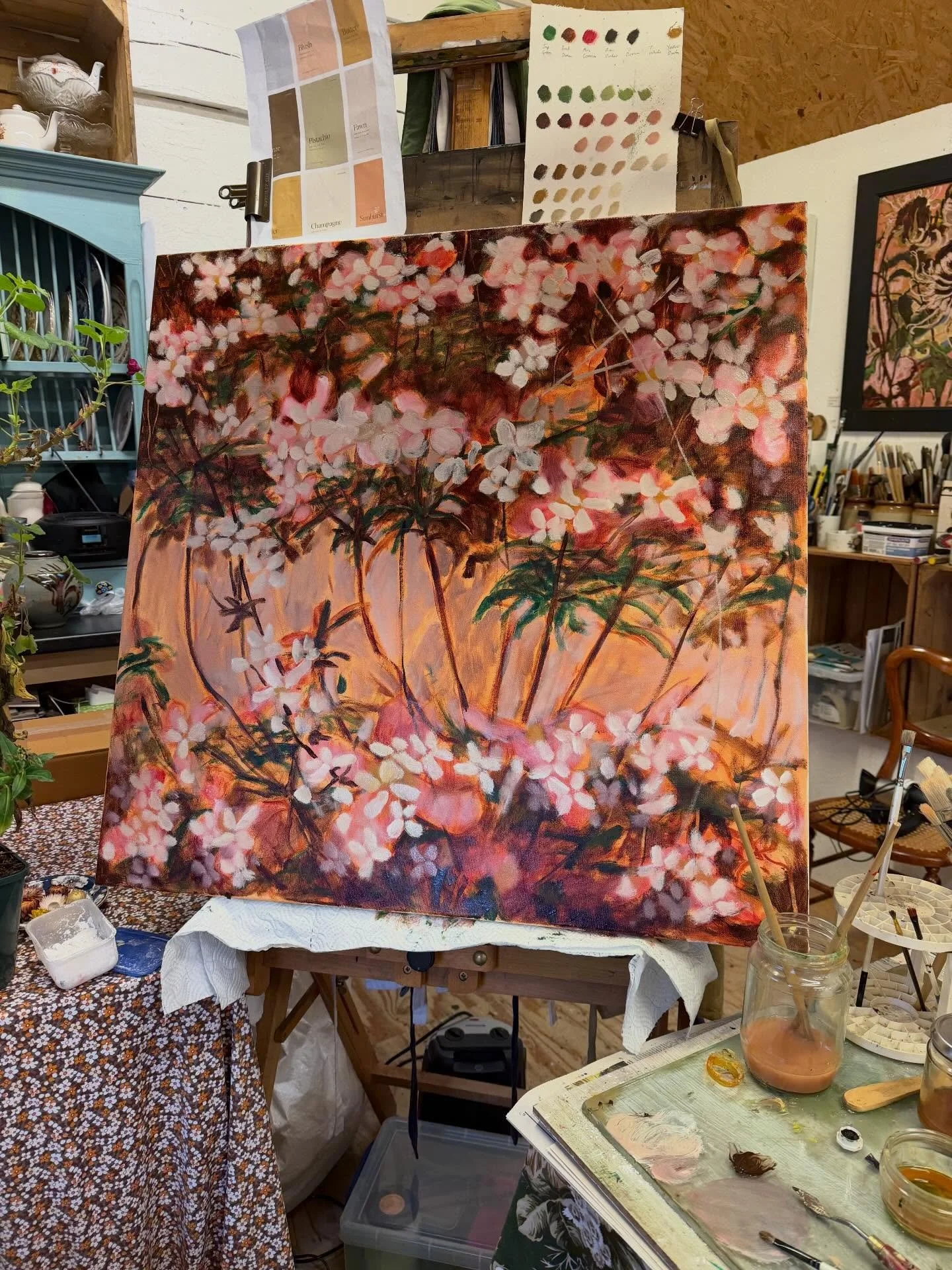 In the studio getting the next few layers on a Clematis painting ready for my Spring shows. It&rsquo;s cold and wet outside but I have the fire on and endless cups of tea ready for a marathon painting session.
 #judeaskeybrown #oilpainter #clematisfl