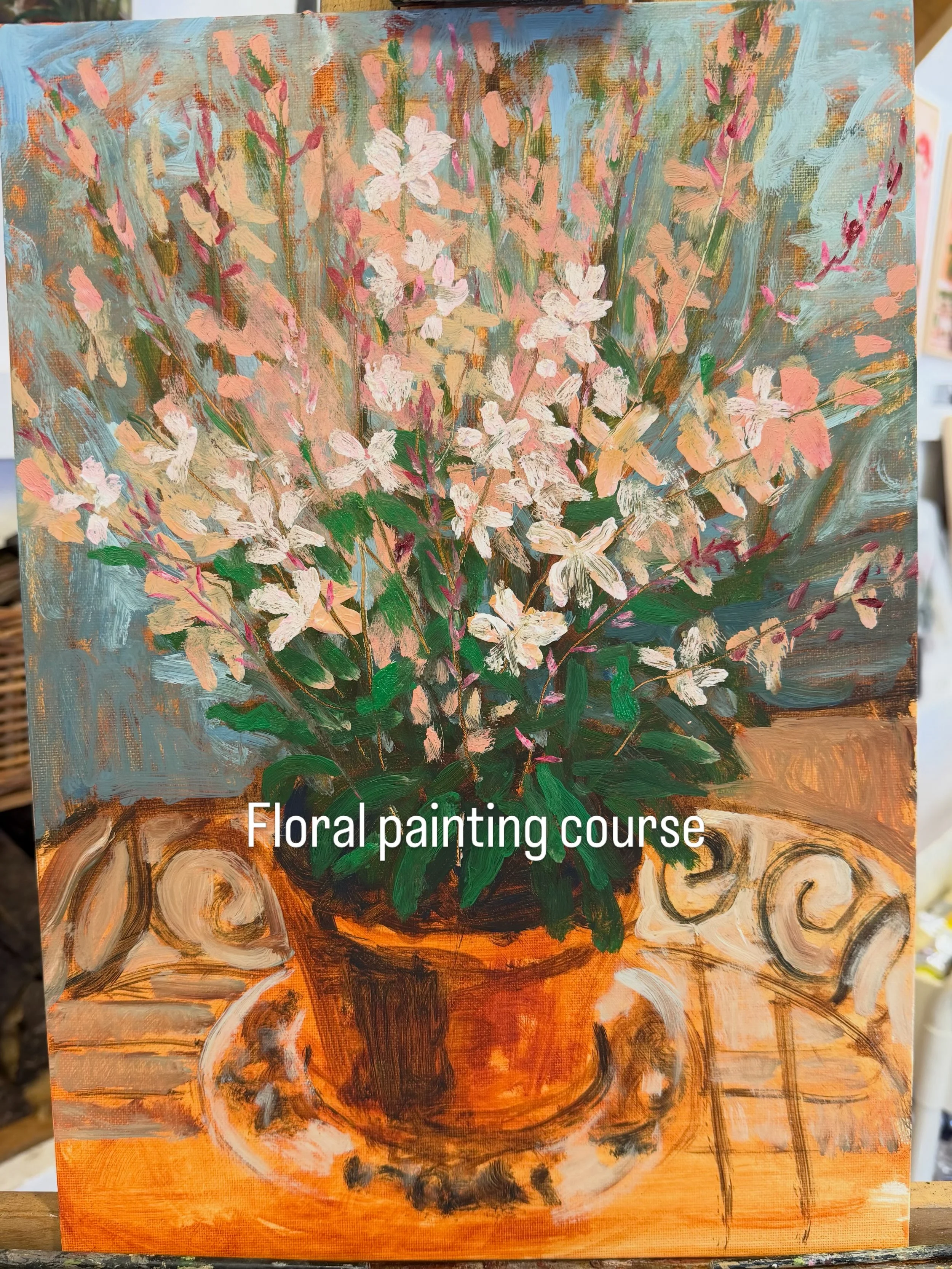 It was a hot day in the studio. I have been teaching a wonderful group of students who created fabulous paintings on my Floral painting course.

If you would like to come along to a floral oil painting course take a look at my website for new courses