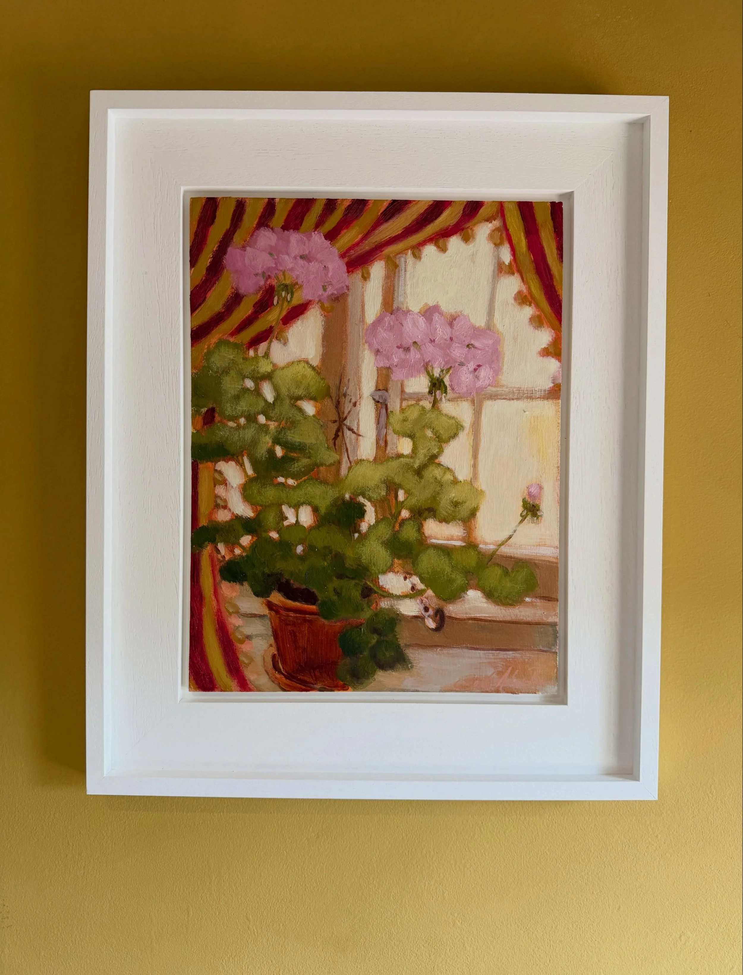 &lsquo;The open window and evening light&rsquo;
Oil on board 

Available from @farly_finds 

#judeaskeybrown #geraniumpainting #pelargonium #pinkpainting