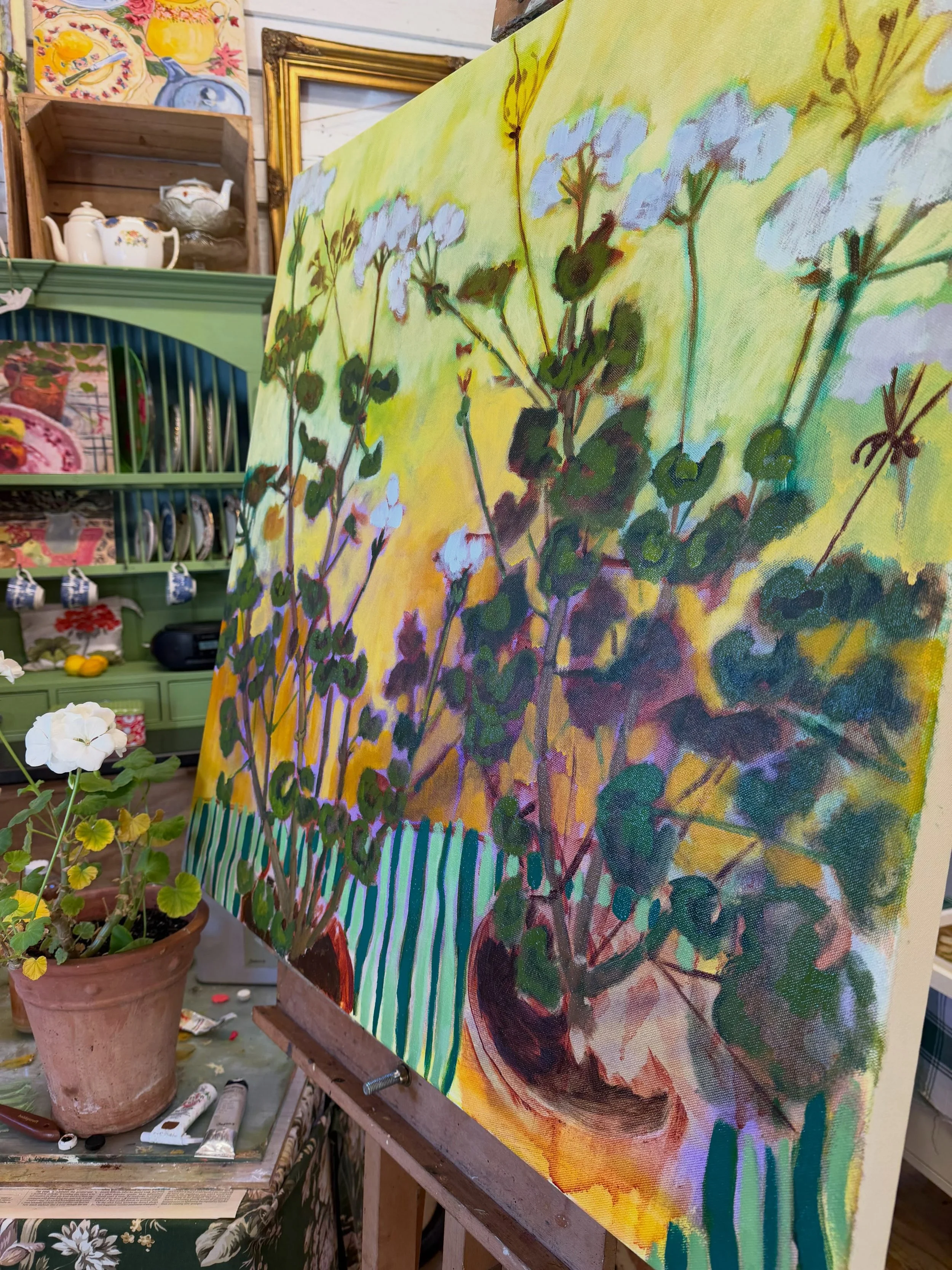 Working on some stripes and geraniums in the studio. 

I am looking forward to 5 exhibitions this Autumn so it&rsquo;s a busy time in the studio. I have exhibitions locally in the South East/Essex and further away in Manchester. New paintings will be