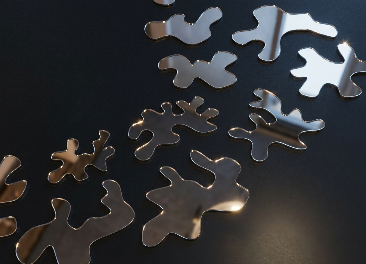 Mirror puzzle pieces scattered on a dark surface, some pieces are connected, reflecting light.