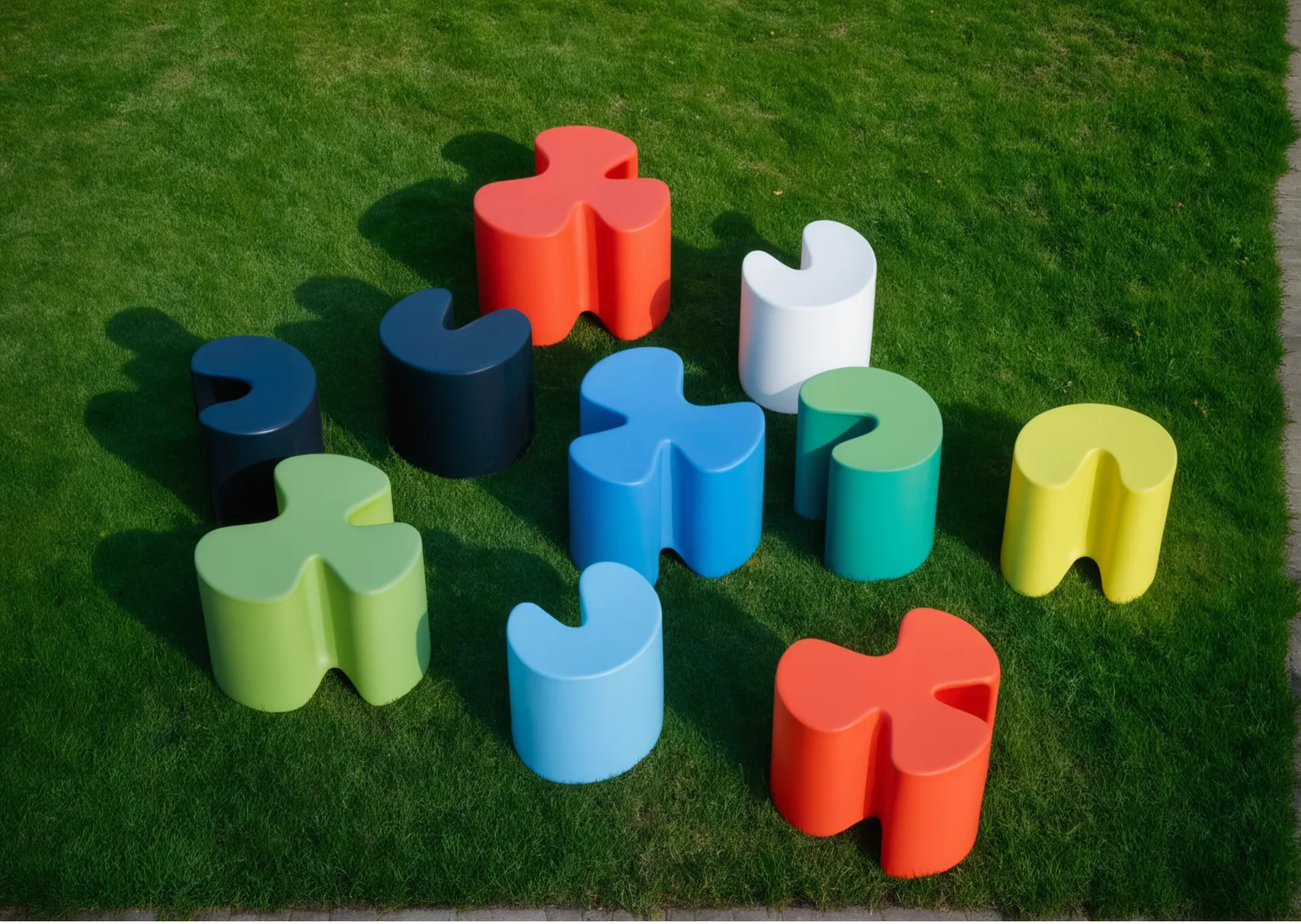 Colorful outdoor puzzle pieces on green grass.