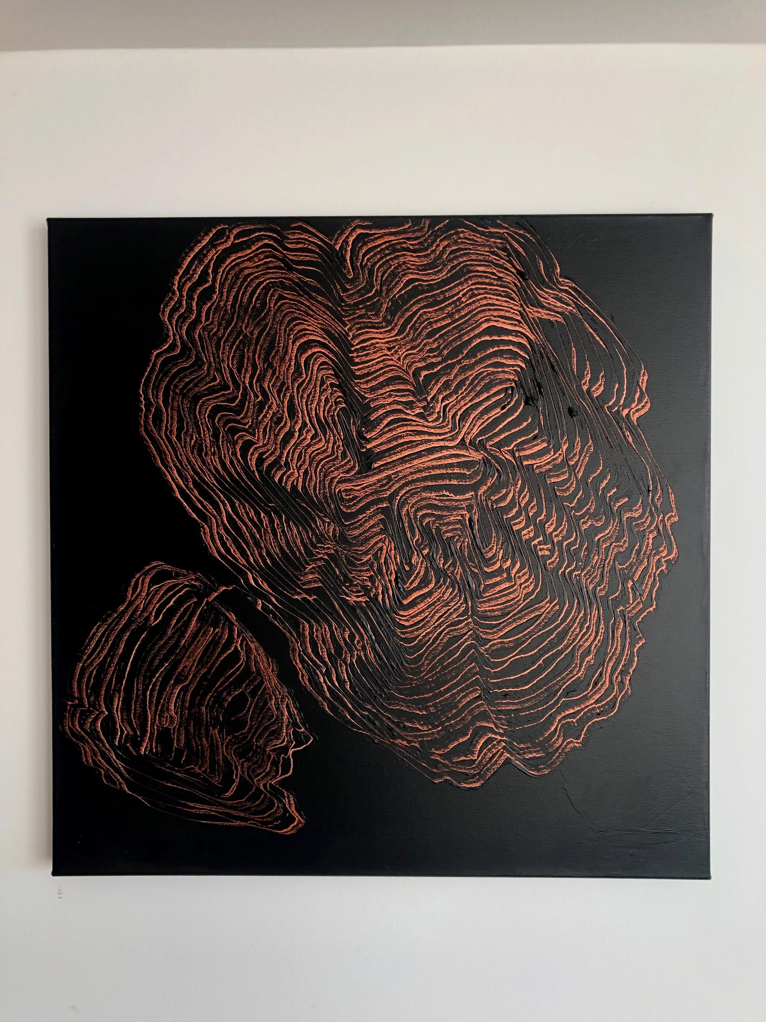 Black canvas with abstract red-orange contour lines resembling a flowing, organic pattern.