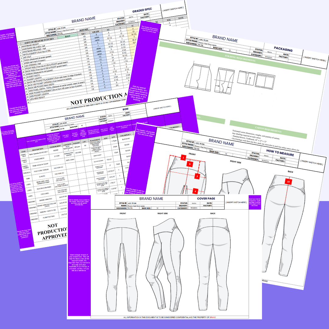 AJG Fashion Consulting Ultimate Tech Pack Template featuring professional Excel spreadsheets for garment measurements, BOM, and construction details.