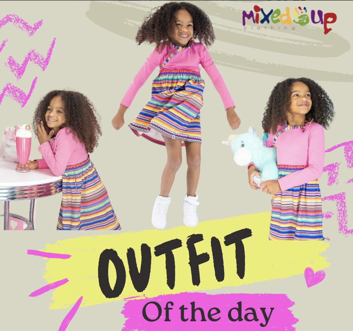 Girl in a pink top with a colorful striped skirt, smiling and posing with a drink and a plush unicorn. Text reads "OUTFIT of the day" with "Mixed Up Clothing" logo.