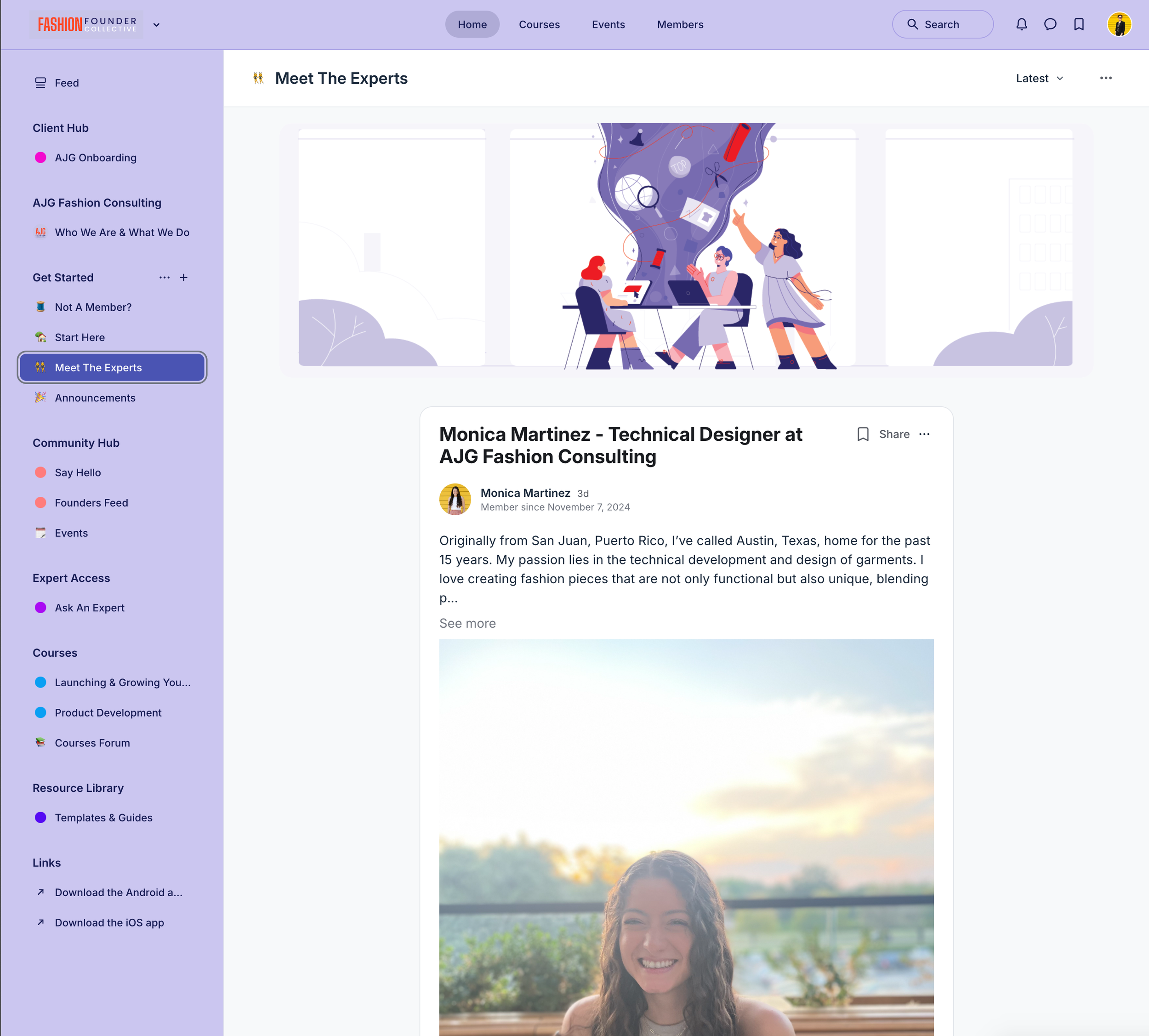 Webpage for 'Meet The Experts' featuring an article about Monica Martinez, a technical designer at AJG Fashion Consulting. The page includes navigation links on the left, an illustration at the top, and a profile image of Monica smiling outdoors.