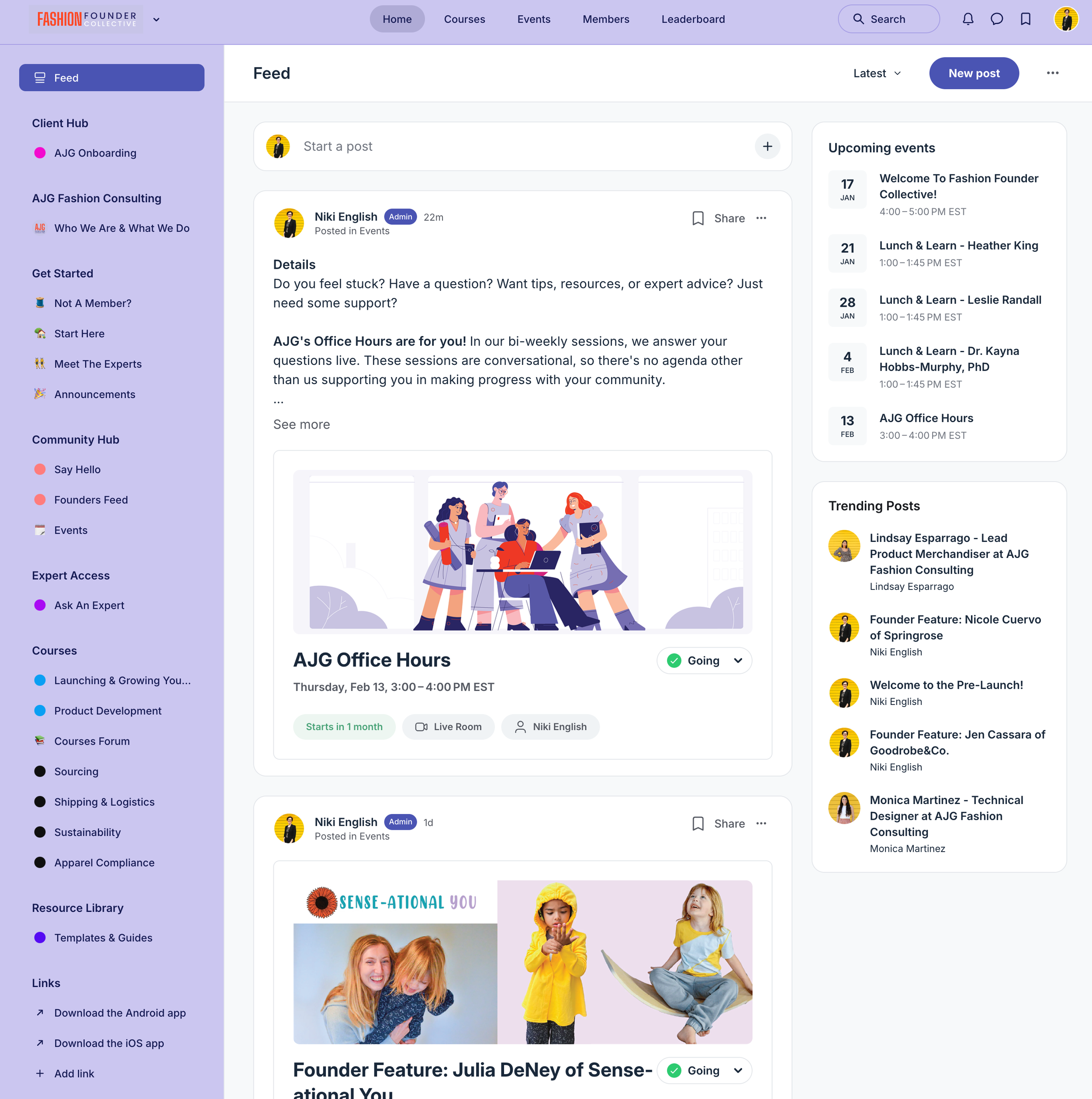 Screenshot of a web page for a fashion founder community platform. It displays a user feed with posts about events like AJG Office Hours and a founder feature. The sidebar includes navigation links to Client Hub, AJG Fashion Consulting, and other res