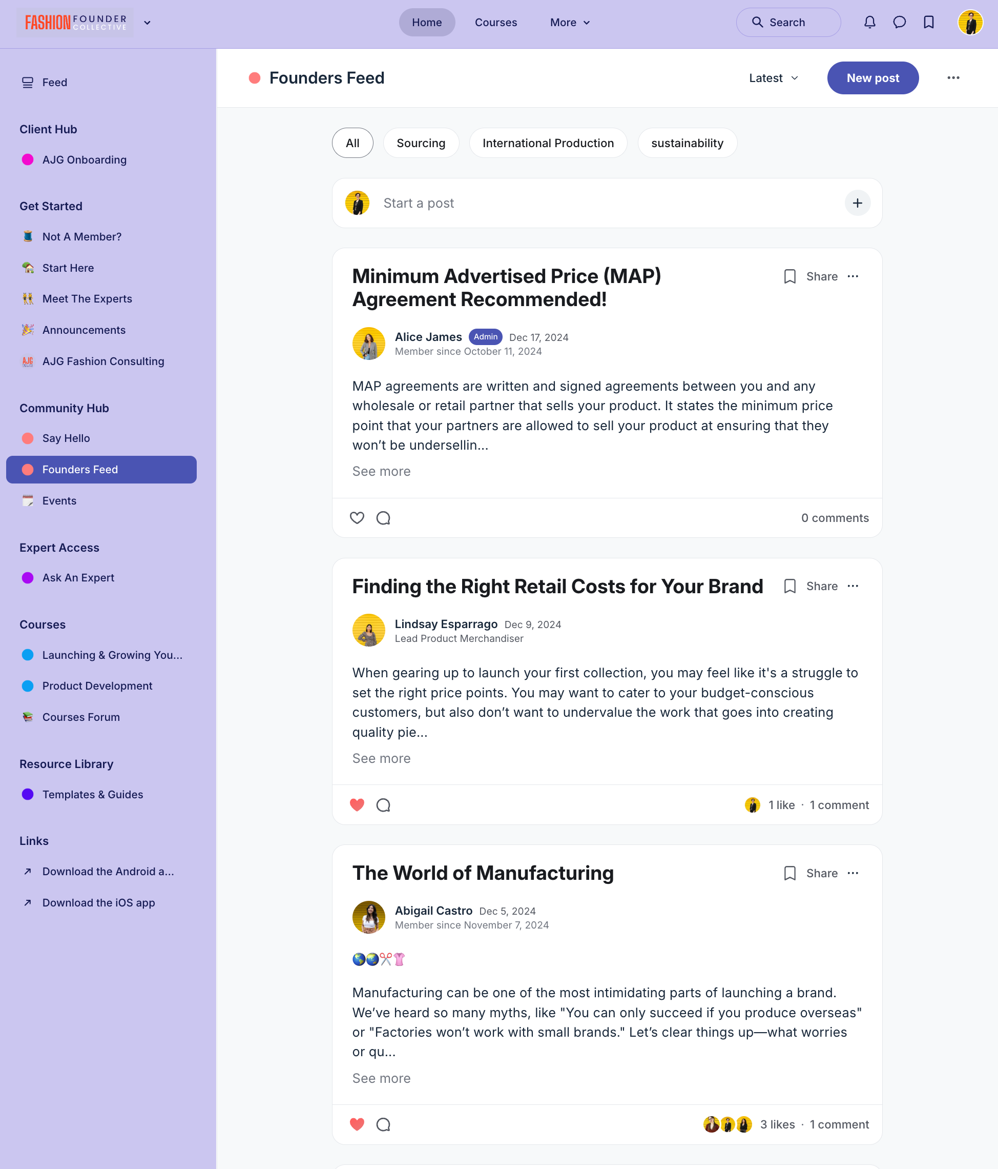 Screenshot of a website page for Fashion Founder featuring the "Founders Feed" section with posts about pricing and manufacturing. The user interface includes a navigation menu on the left, options to start a new post, and multiple articles with titl