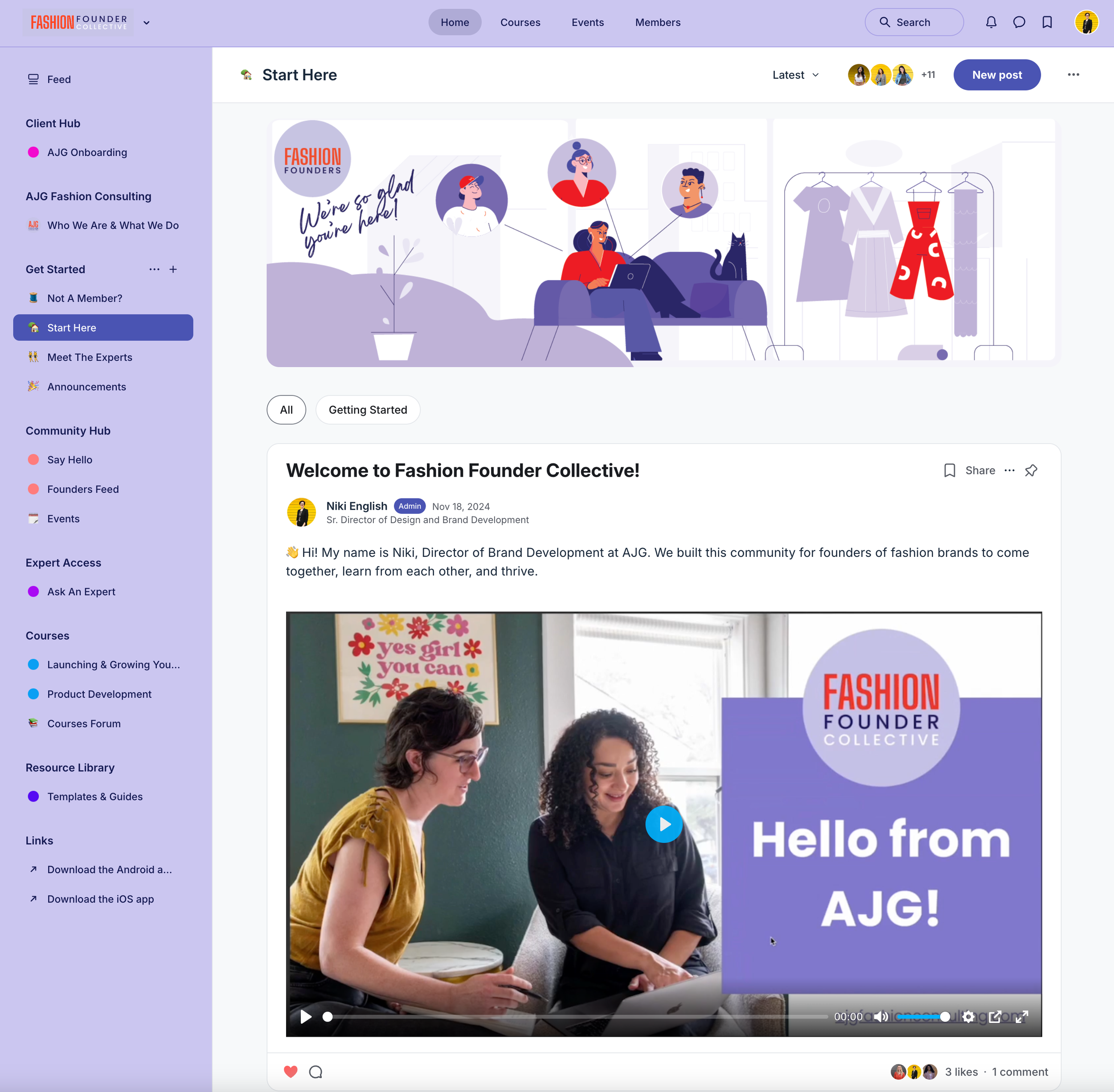 Screenshot of an online platform for the Fashion Founder Collective. The interface includes a navigation menu on the left with options like 'Feed,' 'Client Hub,' and 'Courses.' The main section features a welcome post with a video introduction by Nik