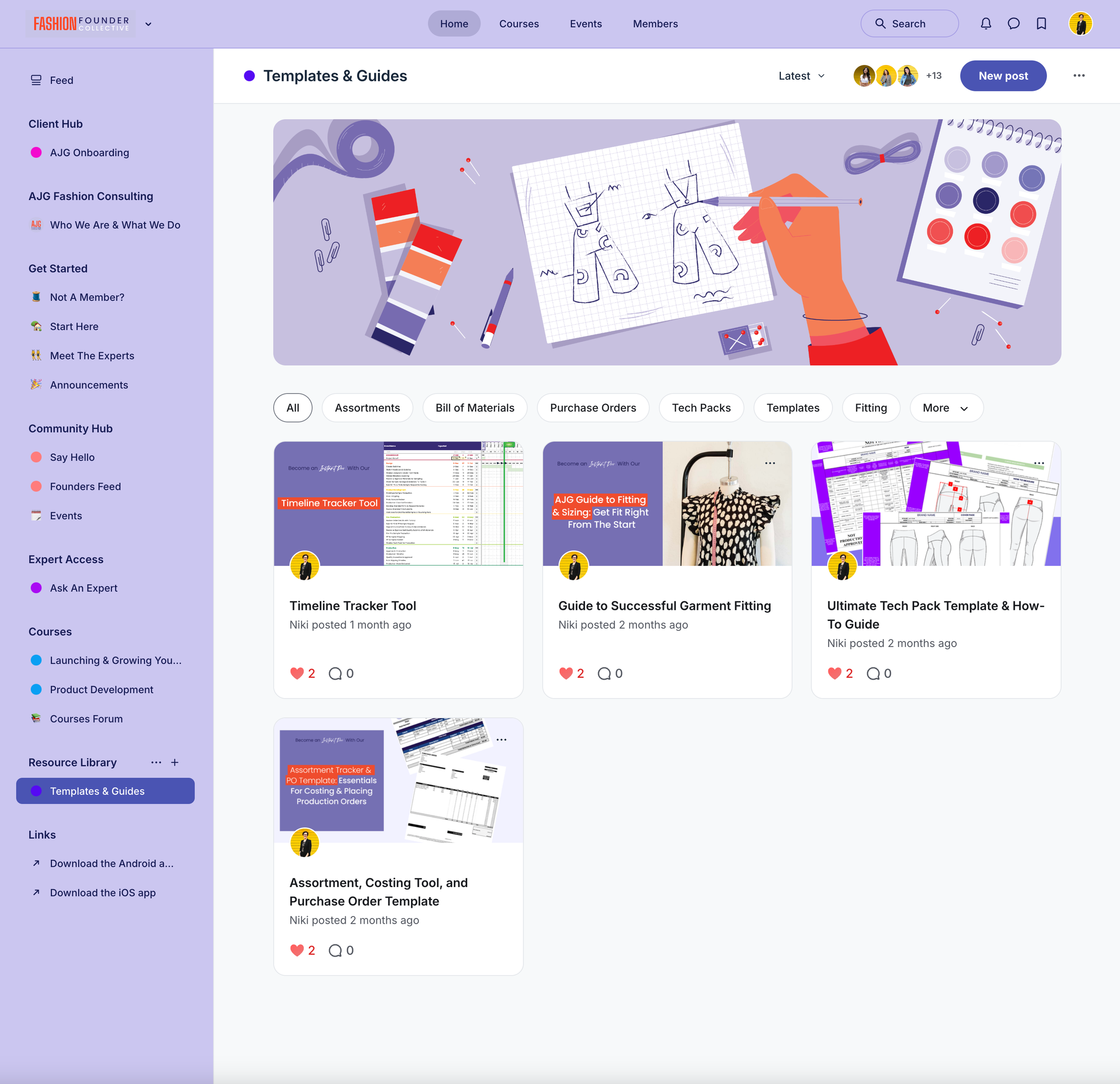 Website interface displaying a resource library with templates and guides for fashion design, including a timeline tracker tool, garment fitting guide, tech pack template, and costing tool. Navigation menu on the left with options for courses and com