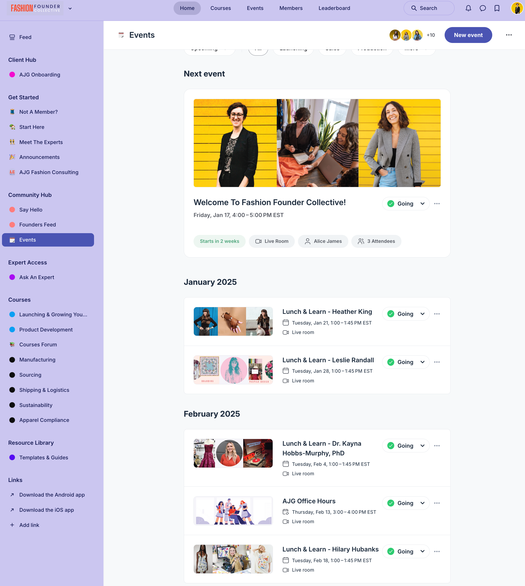 Screenshot of an online event platform for 'Fashion Founder Collective.' It shows the next event, 'Welcome To Fashion Founder Collective,' happening Friday, Jan 17, with images of participants. January 2025 events include 'Lunch & Learn' sessions wit