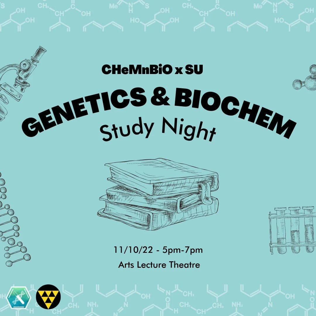 With the upcoming exam season soon approaching, come exercise those brain muscles at our 🧬Genetics & Biochem Study Night🧬
Hosted in collaboration with CHeMnBiO, you'll be in more than capable hands as we all collectively dive deeper into the h