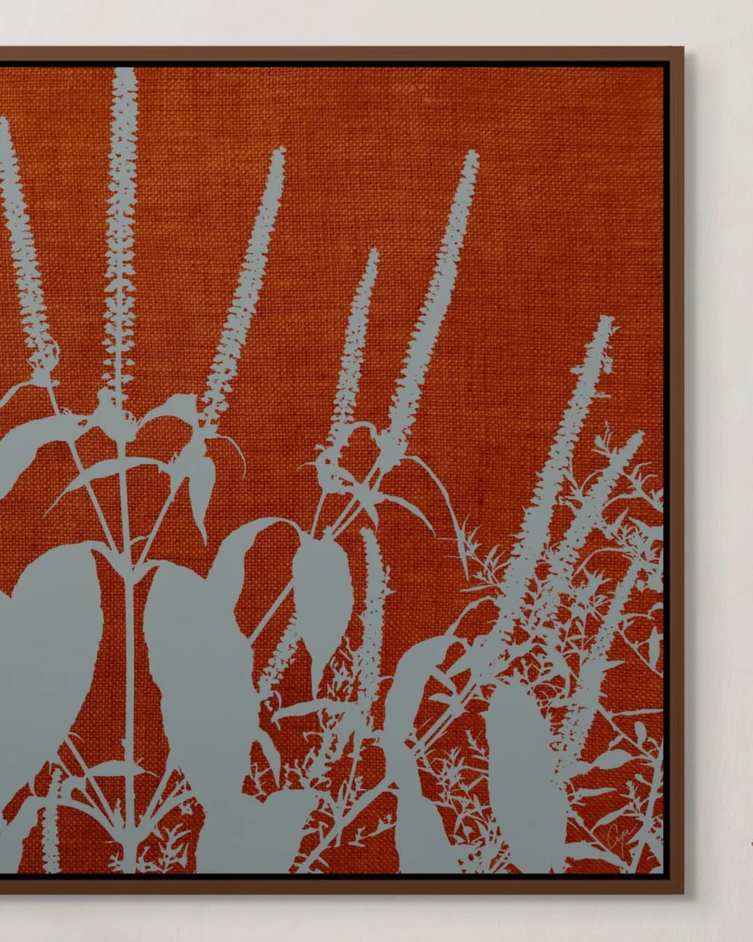 Eldsj&auml;l (pronounced ELD-shael) is a Scandinavian word meaning &ldquo;fire-soul,&rdquo; evoking both warmth and passion. This artwork captures that spirit in its striking contrast of slate-gray botanicals against a textured ground of glowing rust