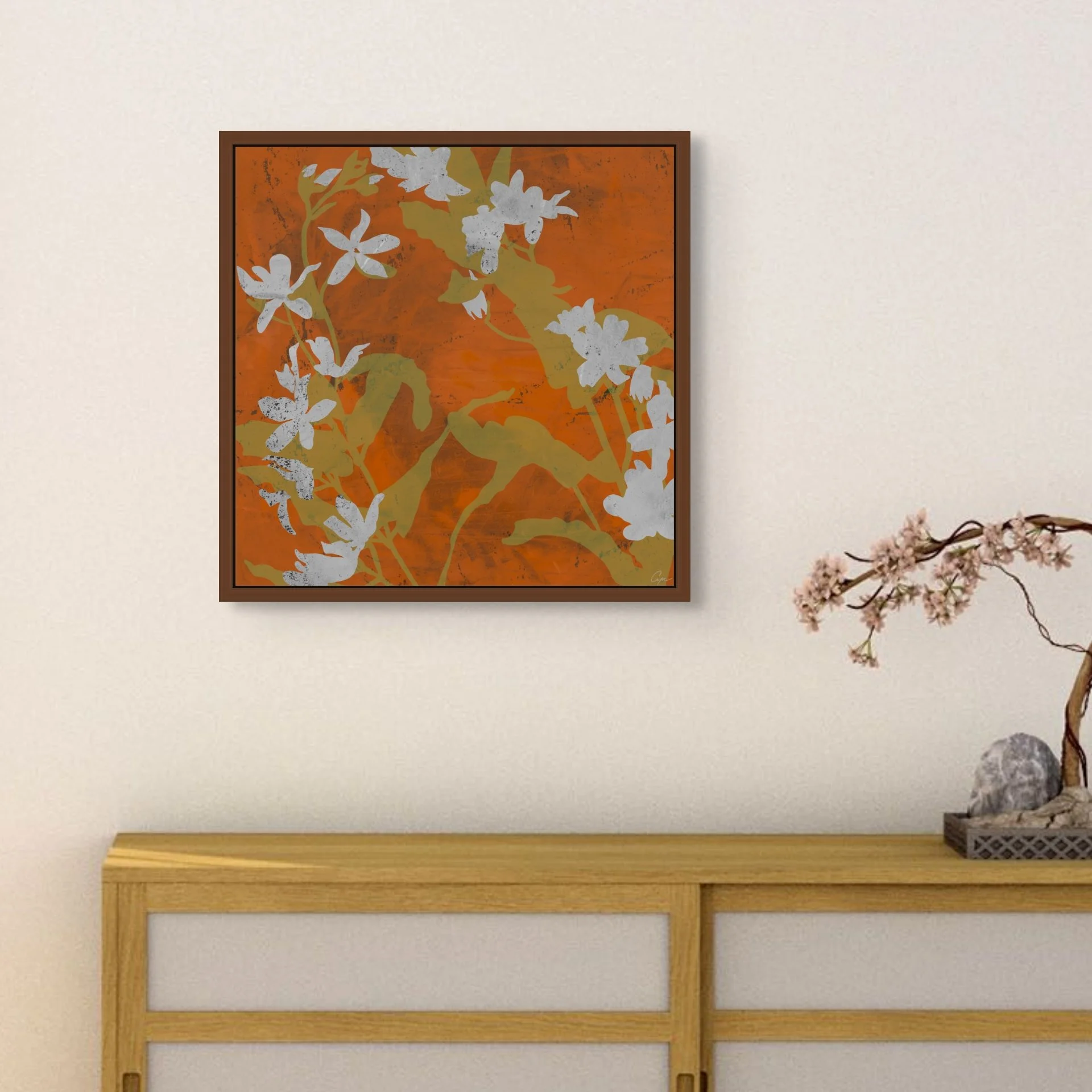 Limited edition print:

&quot;Freja&quot; (pronounced FRAY-yah) is the Norse goddess of love, beauty, and fertile land. This artwork carries her essence: blue wildflowers wind gently across a warm amber ground, softened by layered olive leaves and te