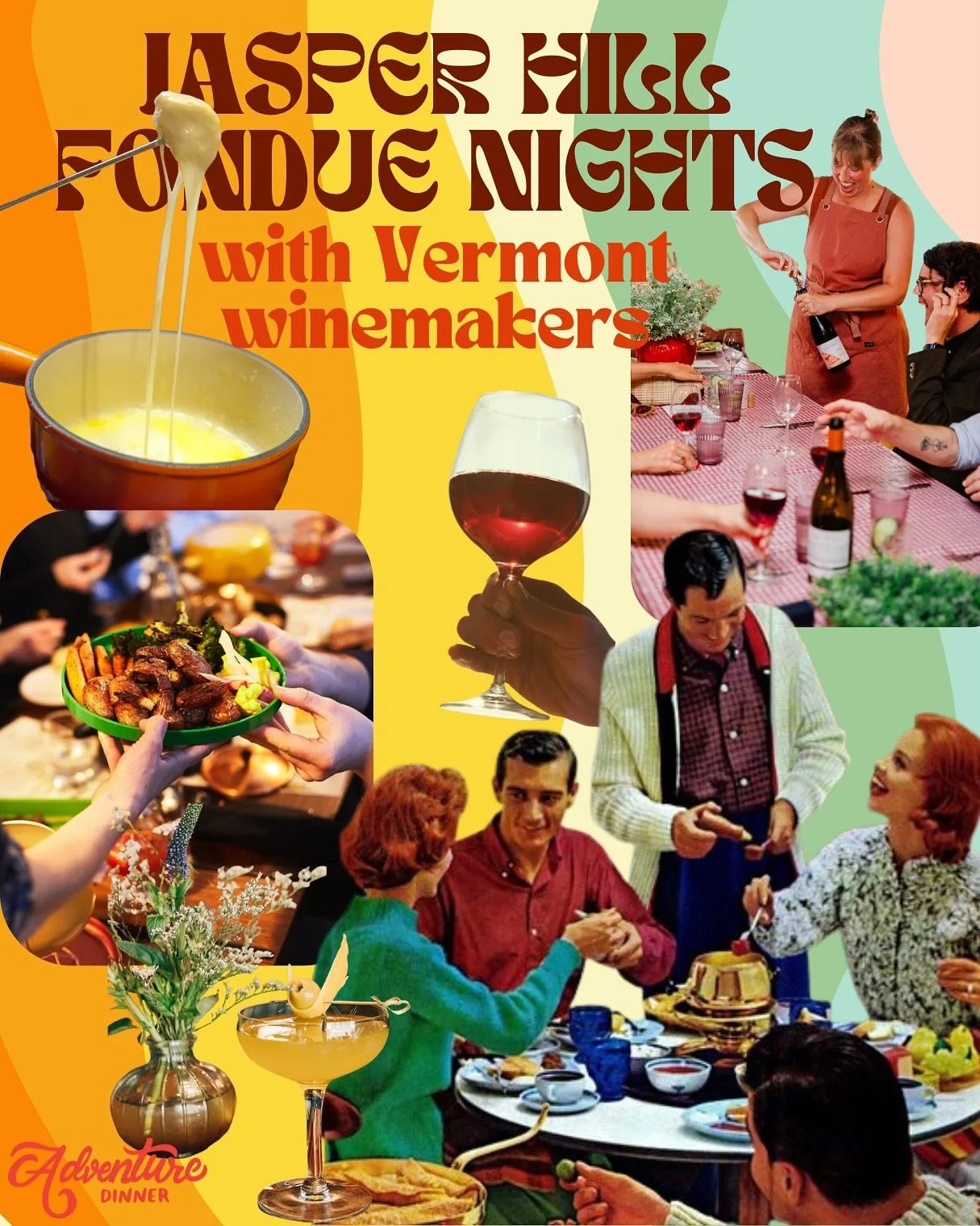 🫕‼️🍷JASPER HILL FONDUE NIGHTS ARE BACK and hosted right here at our cutie patootie party house, the Adventure Dinner Clubhouse. 

Each night we&rsquo;re featuring Vermont winemakers 🍷😘, with glasses and bottles available for purchase from the Clu