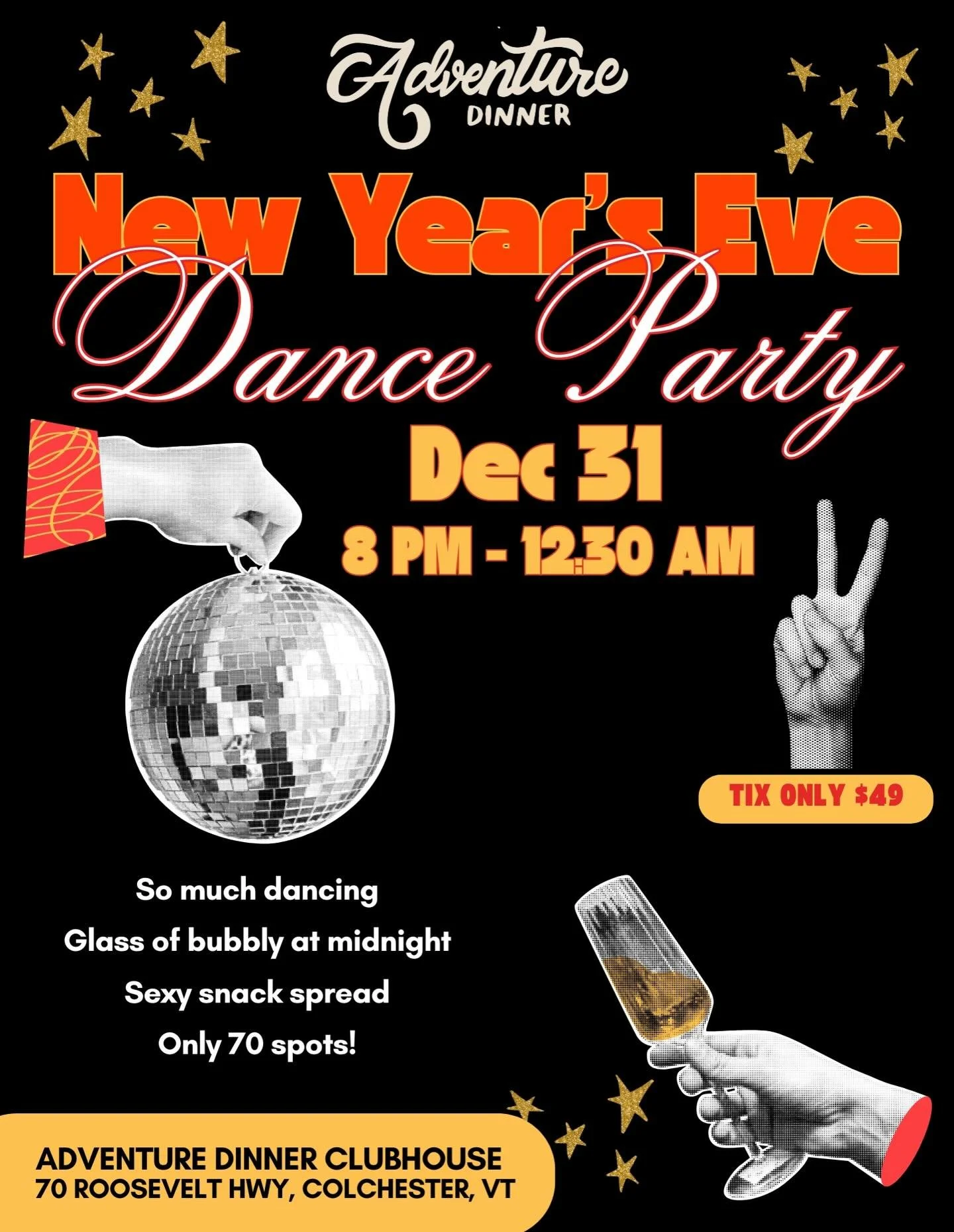 Throw on those sparkles and come dance in 2026 at the Clubhouse! 🪩 🕺🏽💃🏻 🥂 

Bring in the new year as only Adventure Dinner can&mdash;delicious, decadent, and a whole lotta joy. 🤩 

Picture unlimited snack tables set to fuel a late-night party,
