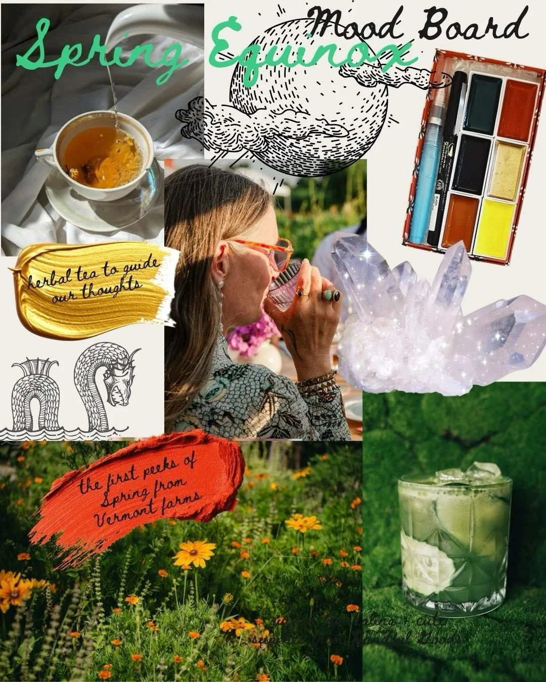 Spring Equinox mood board&mdash;we&rsquo;re ready to welcome the new season with intention🌿 🌼 🌞 📕 🍹 💜 

When we&rsquo;re good to ourselves we can show up better for our people and our communities. So we built an entire heart-centered evening to
