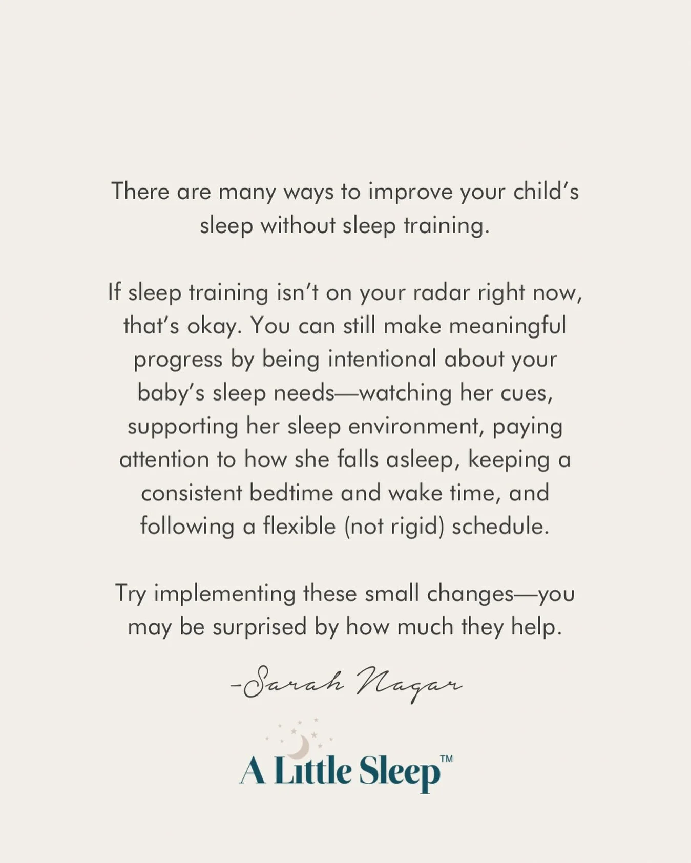 𝐈𝐦𝐩𝐫𝐨𝐯𝐢𝐧𝐠 𝐲𝐨𝐮𝐫 𝐜𝐡𝐢𝐥𝐝&rsquo;𝐬 𝐬𝐥𝐞𝐞𝐩 𝐬𝐡𝐨𝐮𝐥𝐝 𝐧𝐨𝐭 𝐛𝐞 𝐝𝐢𝐟𝐟𝐢𝐜𝐮𝐥𝐭.

✨There are a lot of ways you can improve your child&rsquo;s sleep without formal sleep training.✨

I get it, sleep training isn&rsquo;t for every