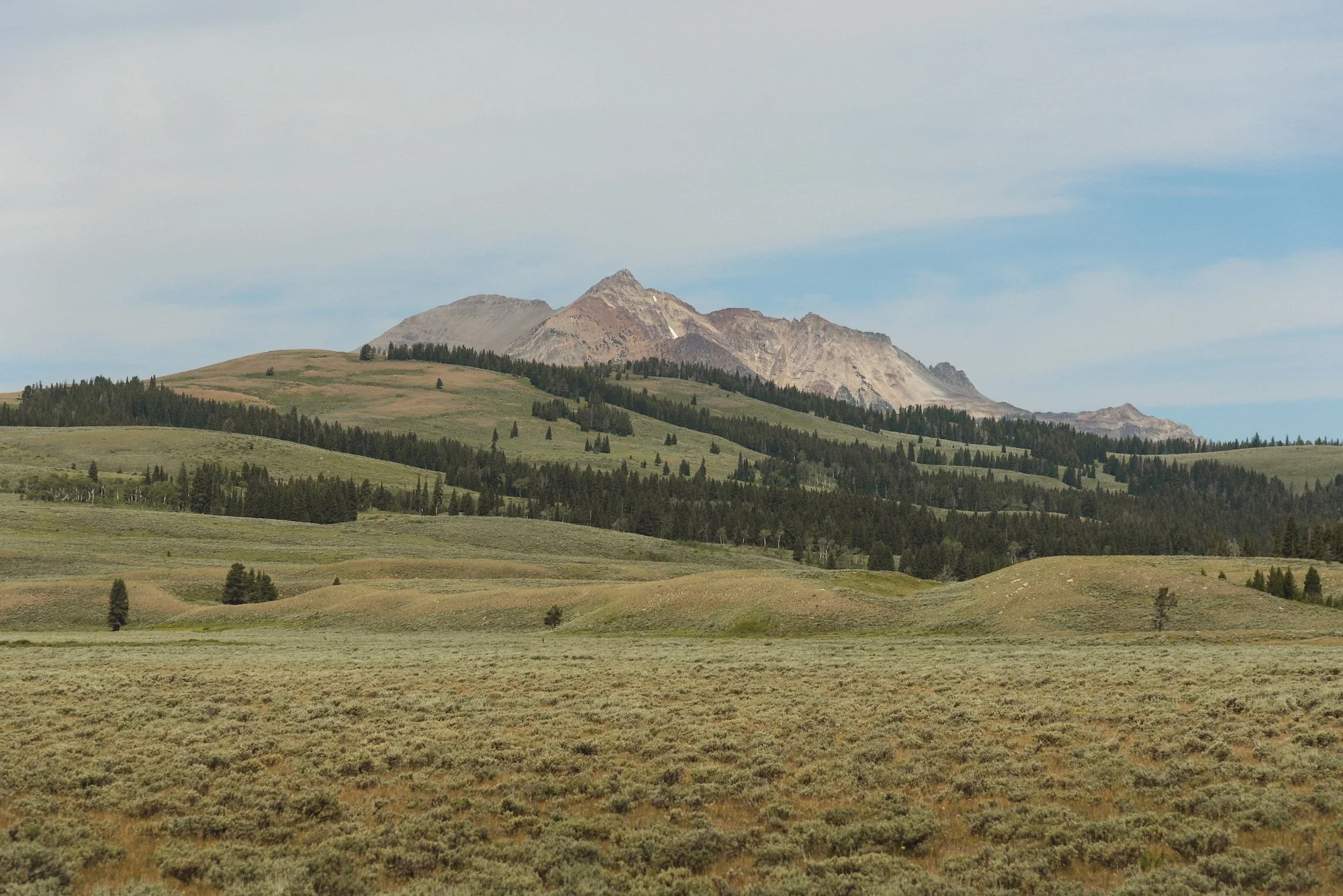 A landscape of rolling hills with a mountain range in the background, partly cloudy sky, and sparse trees in the foreground.