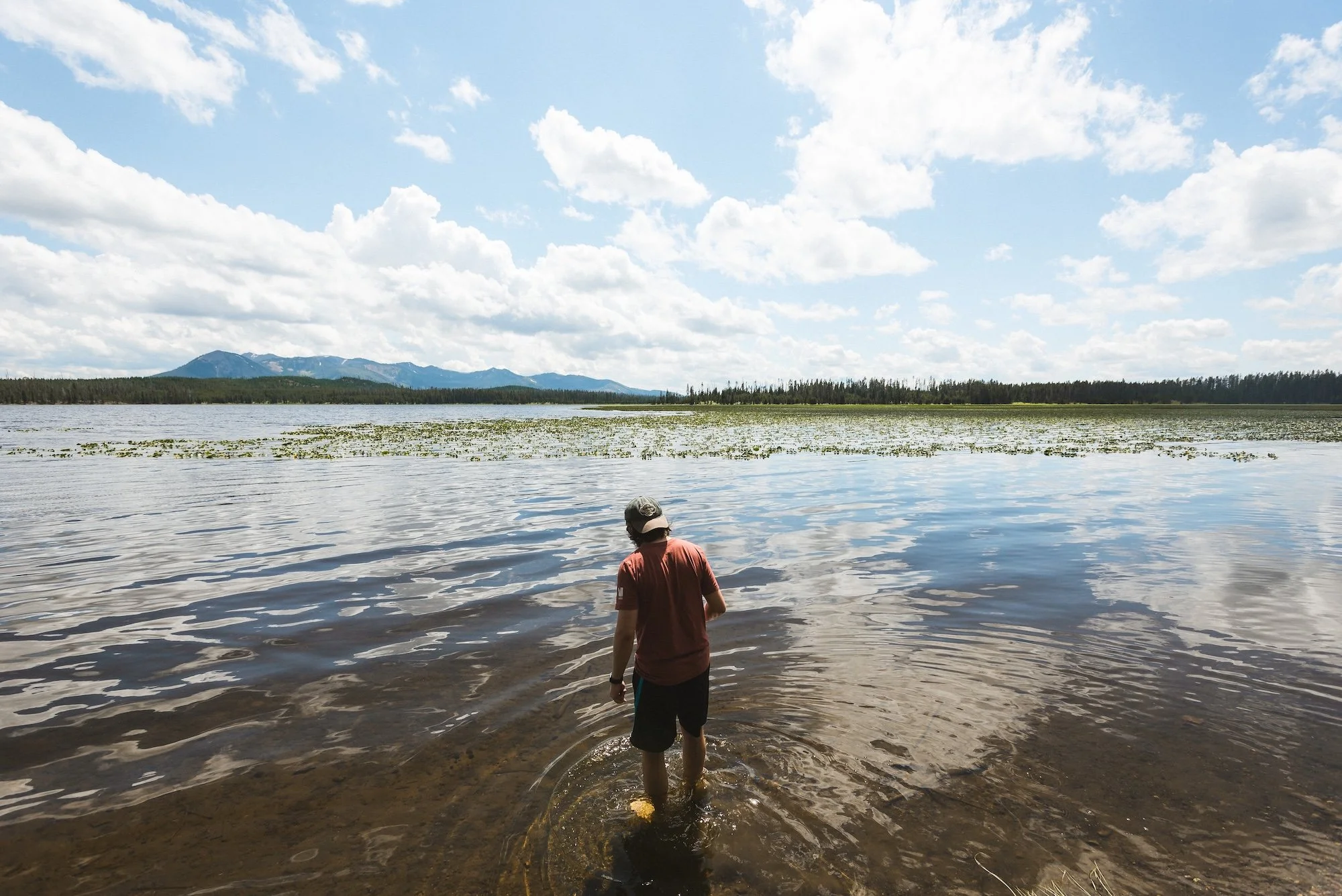 Person wading into a lake on a sunny day, with mountains and trees in the background, and a partly cloudy sky.