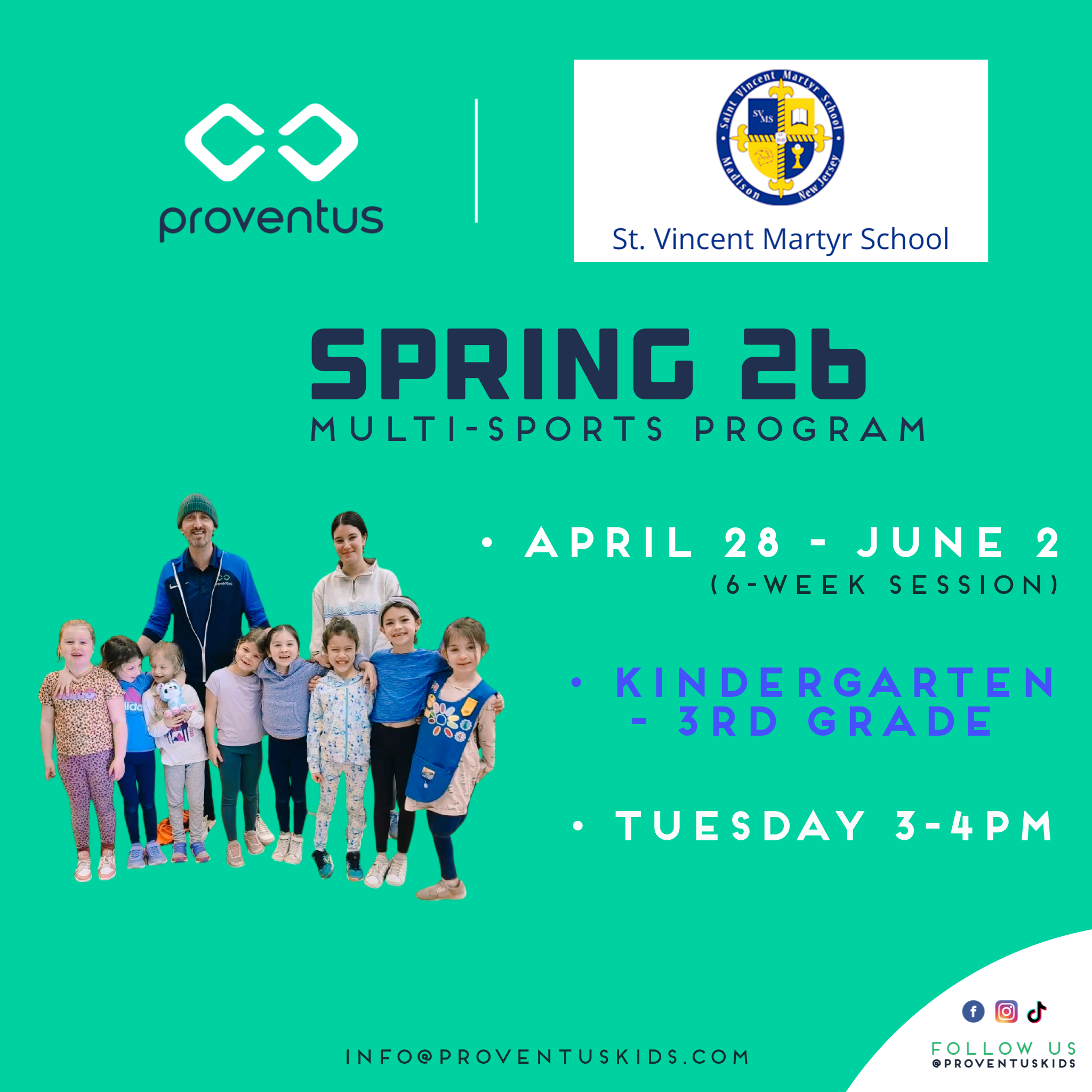 A promotional image for ProvenTus Kids' summer multi-sports program featuring a group of children and two adults, with program dates from April 28 to June 2, and details about kindergarten to 3rd grade. The ProvenTus logo and St. Vincent Martyr School emblem are displayed, along with social media icons and contact information.