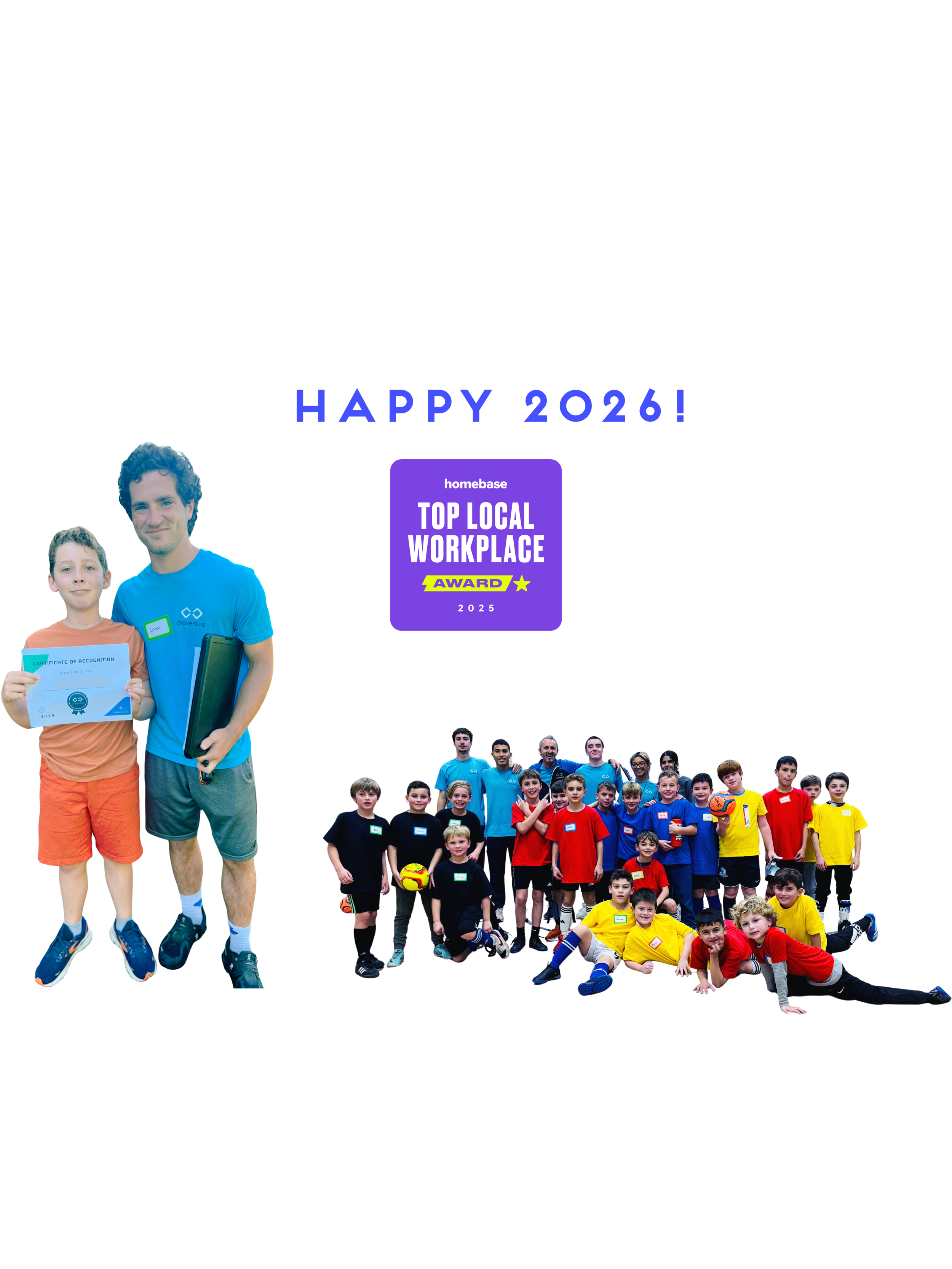 Group of children and adults posing with awards and certificates at a school sports event, with a sign that reads 'Top Local Workplace Award 2025' and a 'Happy 2026' greeting.