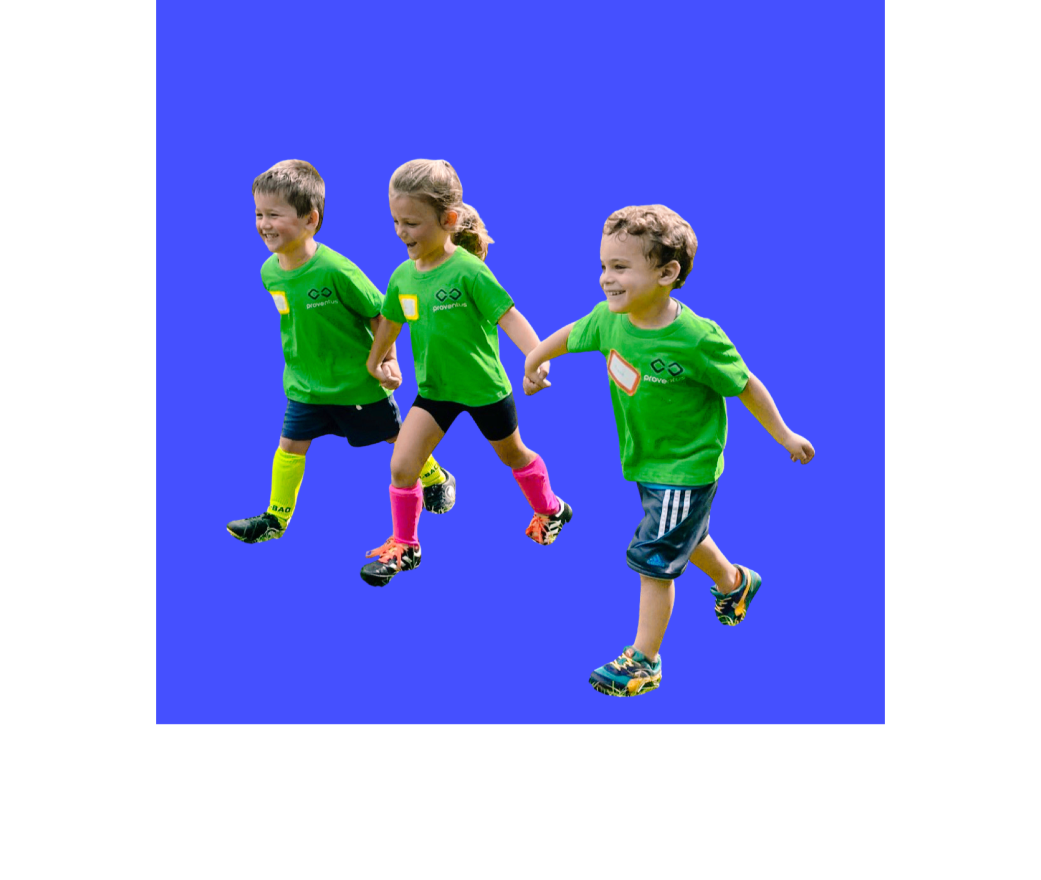 Three children running and holding hands against a blue background, wearing green shirts and athletic shoes.